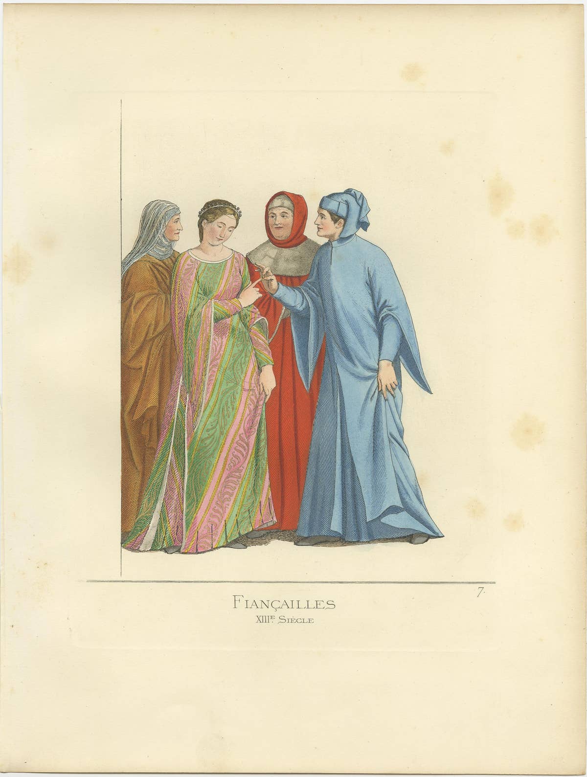Fiancailles, XIIIe Siecle Antique Print, Engagement Scene, Italy, 1860