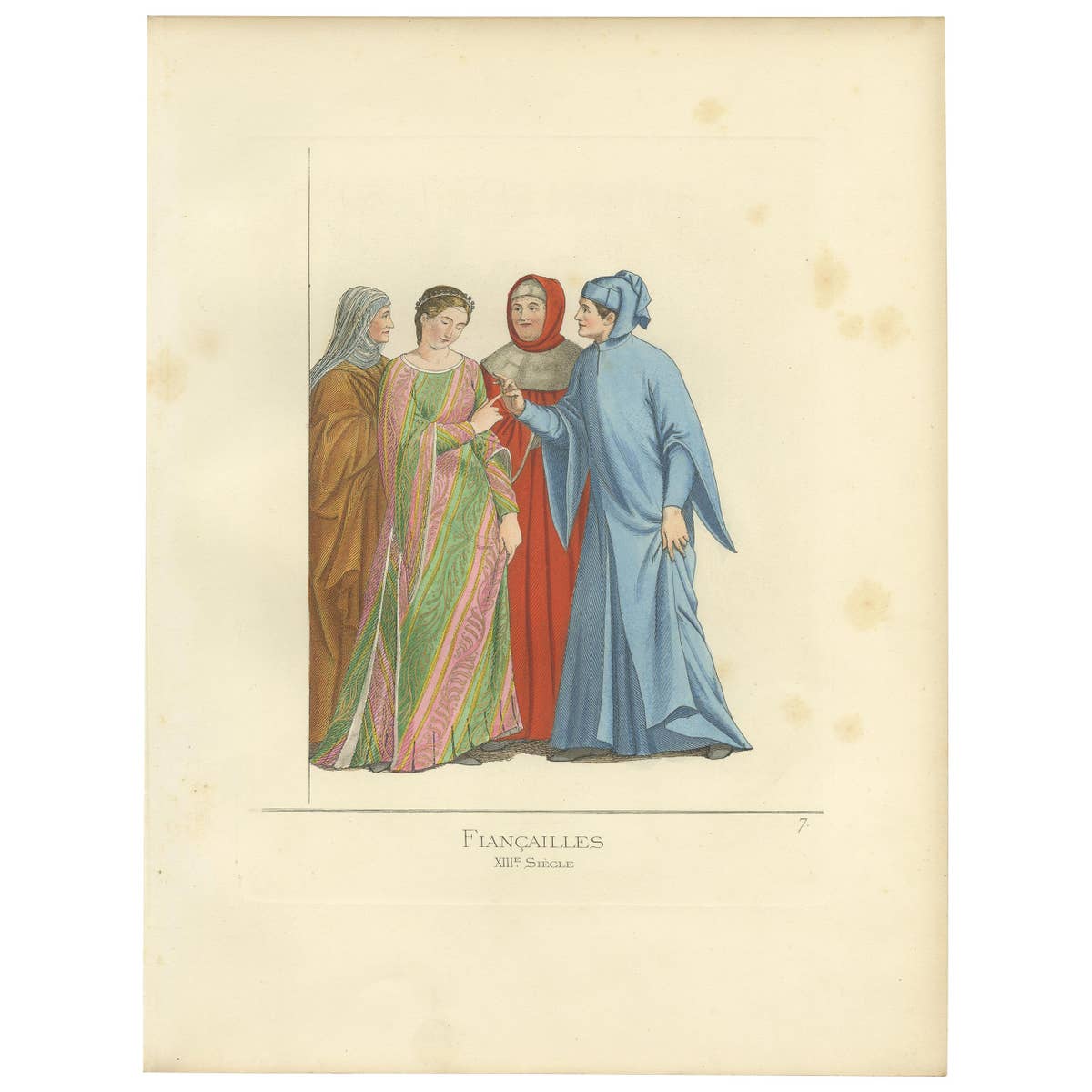Fiancailles, XIIIe Siecle Antique Print, Engagement Scene, Italy, 1860