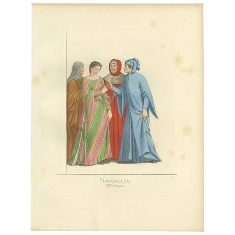 Fiancailles, XIIIe Siecle Antique Print, Engagement Scene, Italy, 1860