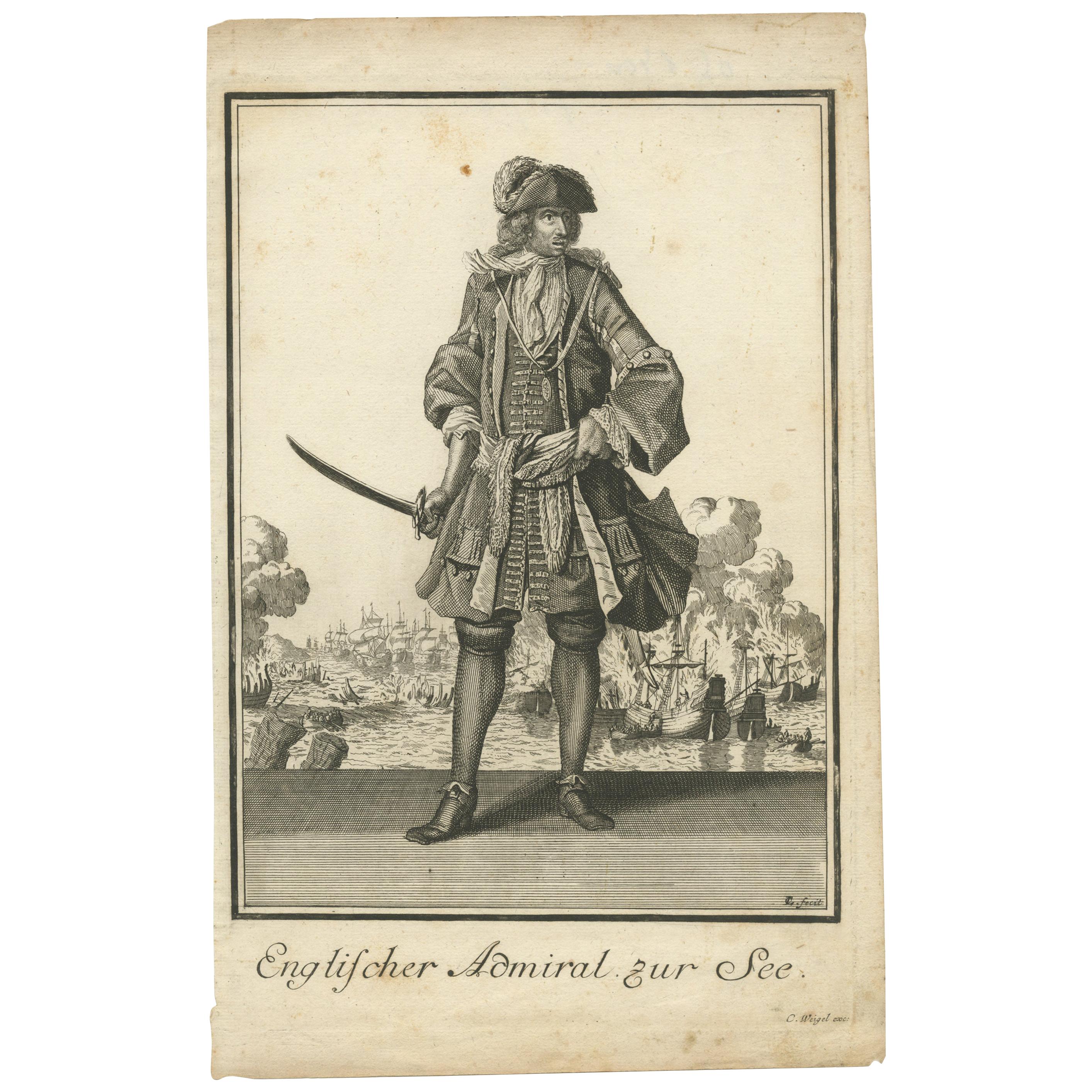 Antiker Druck eines englischen Admirals von Weigel, '1703'