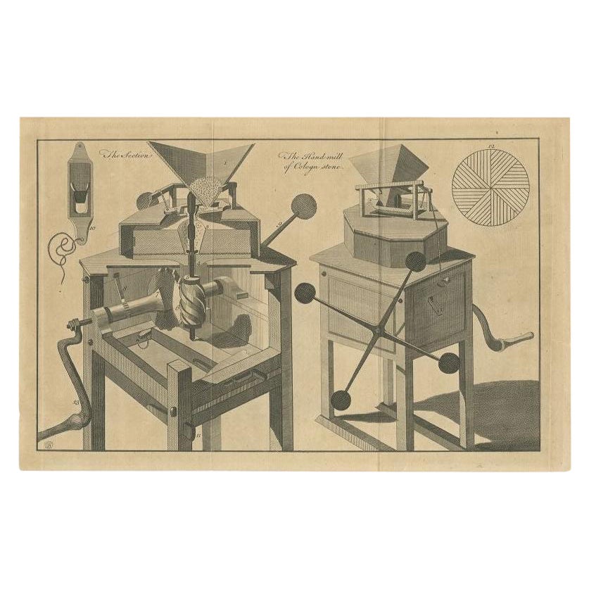 Impression ancienne d'un moulin à pierreologne fabriqué à la main, 1758