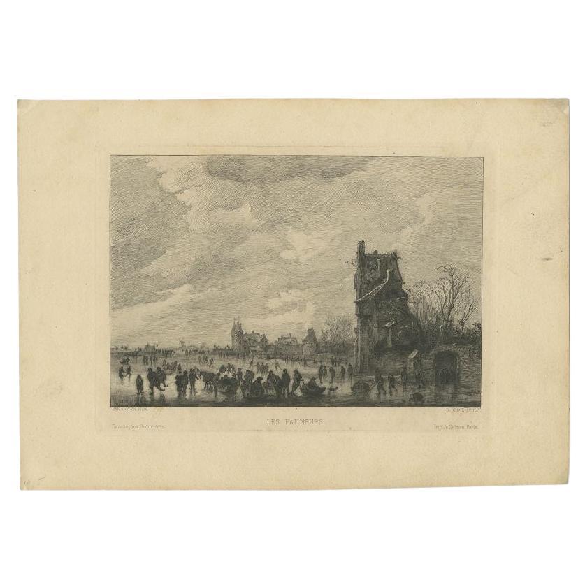 Antique print titled 'Les Patineurs'. Old print of an ice skating scene. Engraved by G. Greux after Van Goyen. This print originates from 'Gazette des Beaux-Arts'. 

Artists and Engravers: The Gazette des Beaux-Arts was a French art review,