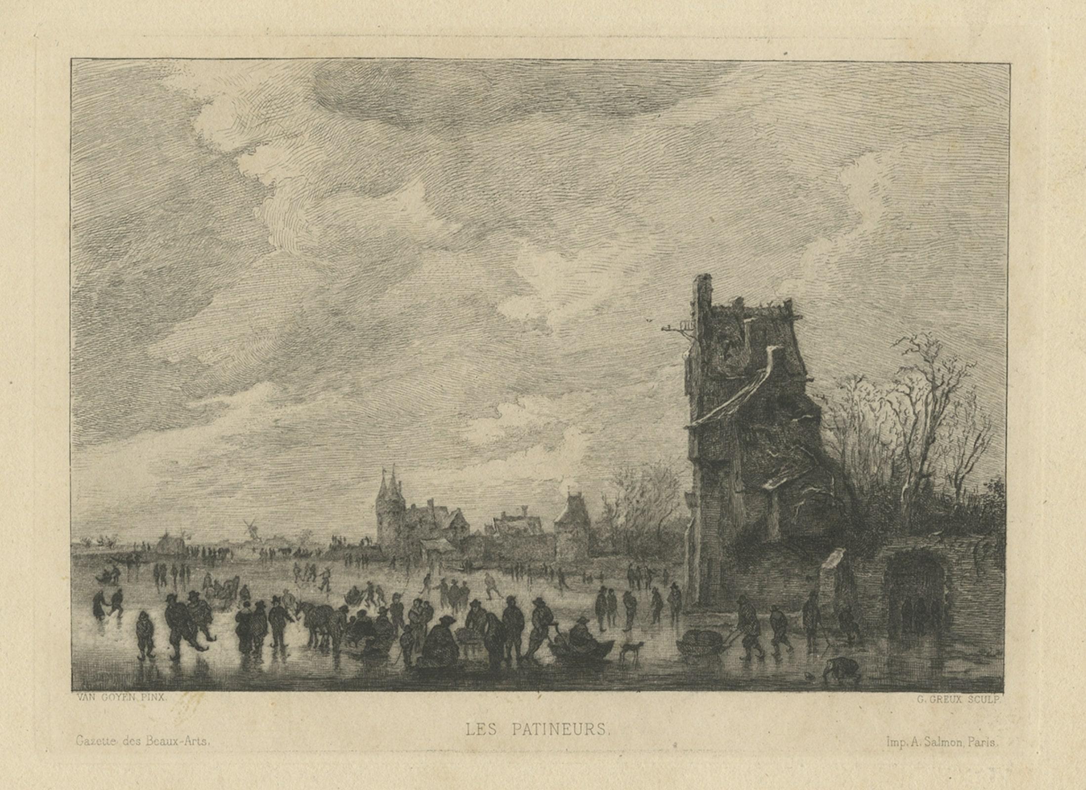 Grabado antiguo de una escena de patinaje sobre hielo, c.1880 Papel en venta