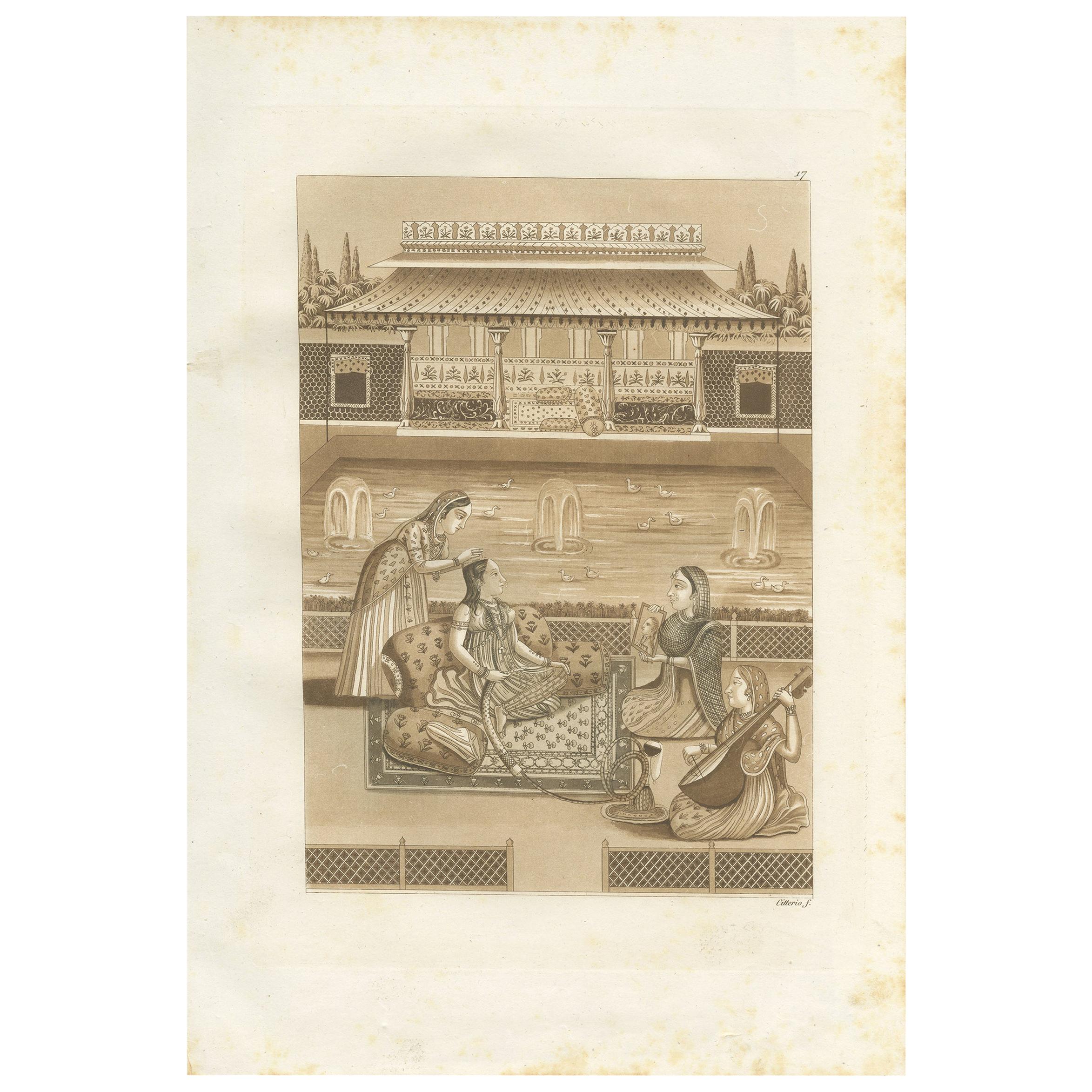 Gravure ancienne d'une princesse indienne par Ferrario, '1831'.