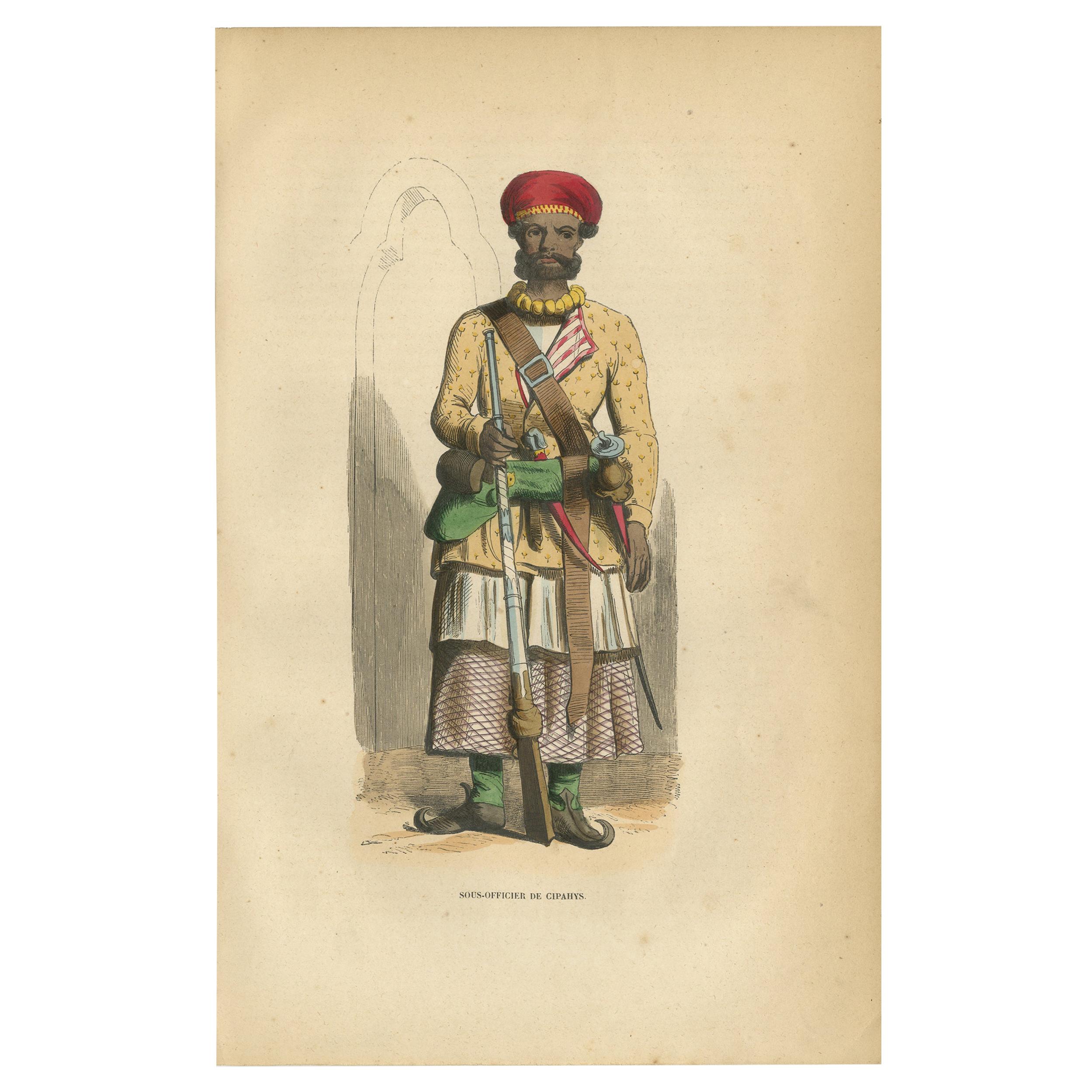 Antique Print of an Indian Sepoy Officer by Wahlen, '1843'