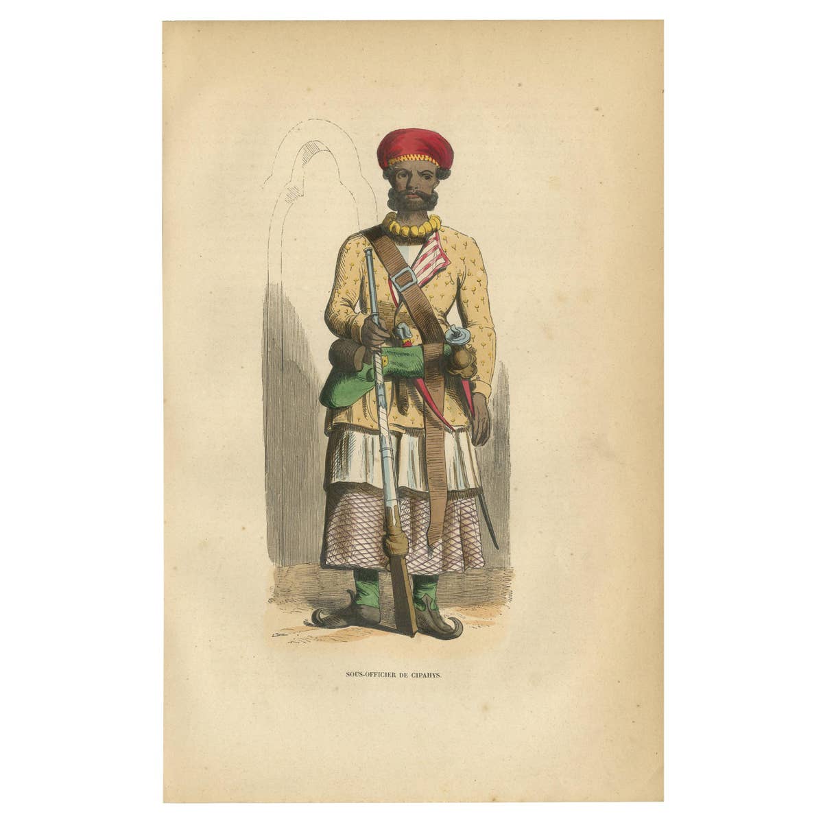 Antique Print of an Indian Sepoy Officer by Wahlen, '1843'