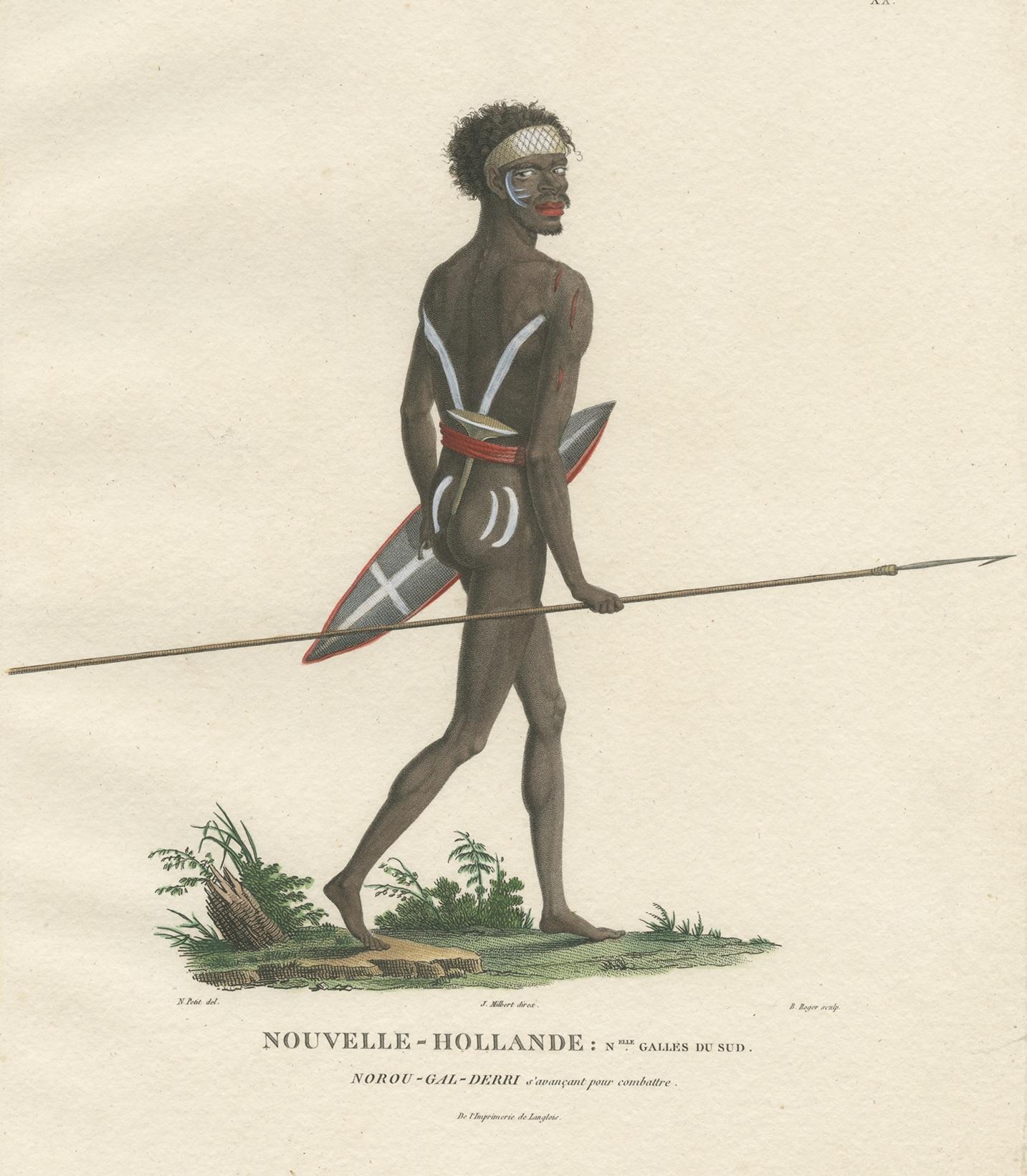 Antique print titled 'Nouvelle-Hollande: Nouvelle Galles du Sud. Nourou-Gal-Derri'. This print shows an Indigenous Australian man named 'Nourou-gal-derri'. He is carrying a barbed spear. This print originates from 'Voyage de Decouvertes aux Terres