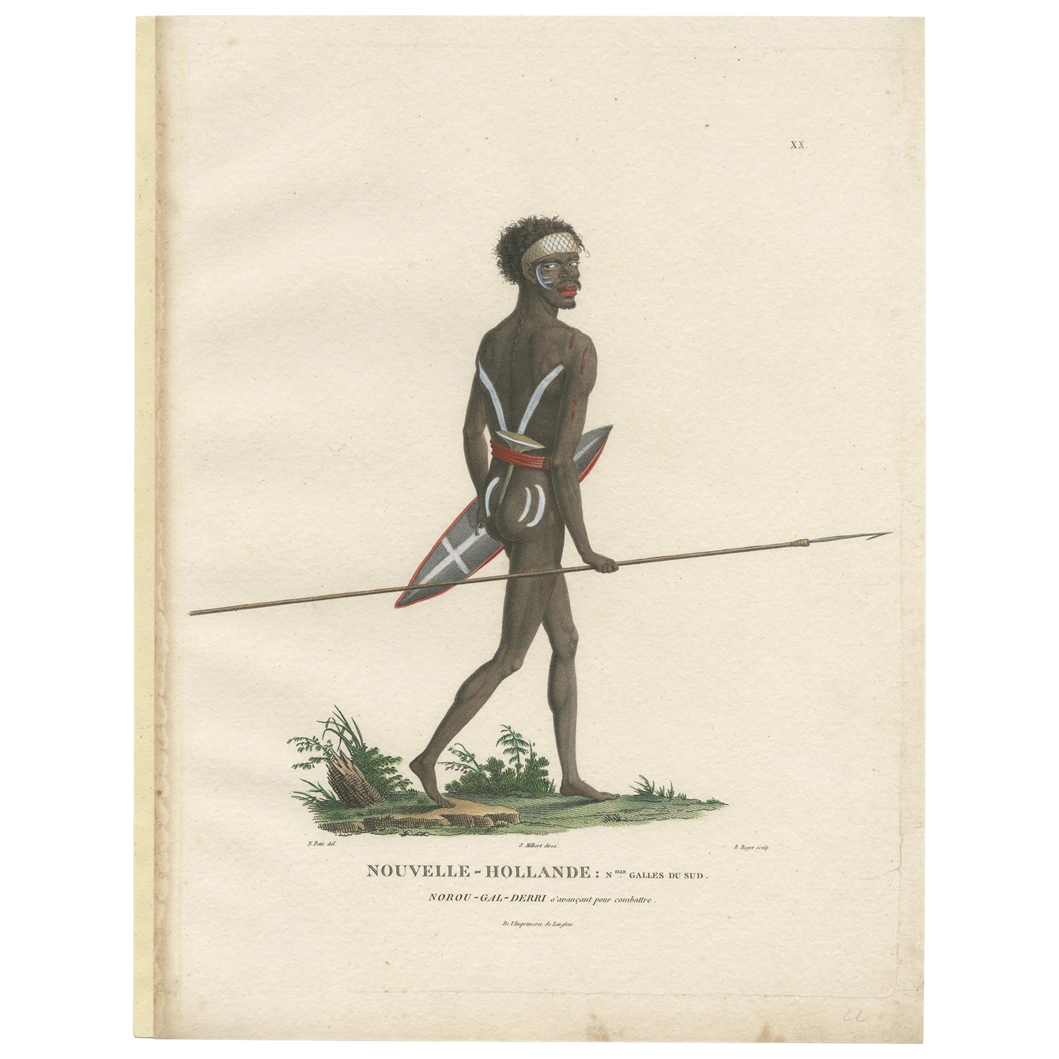 Antiker handkolorierter Druck eines einheimischen australischen Mannes von Peron, um 1810 im Angebot
