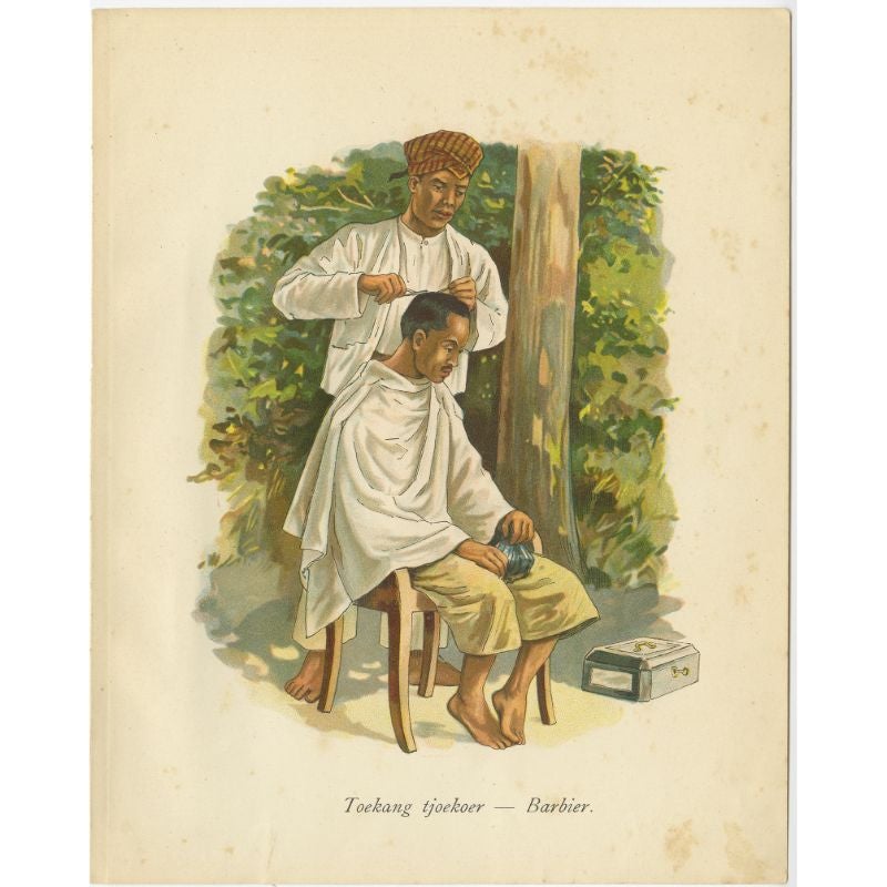 Antique Print of an Indonesian Barber Working Under a Tree, 1909 For Sale
