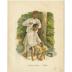 Grabado antiguo de un barbero indonesio trabajando bajo un árbol, 1909