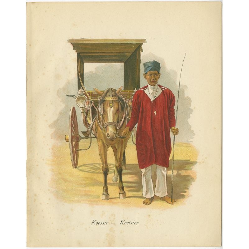 Antique Print of Indonesian Coachman with Horse and Car, 1909 For Sale