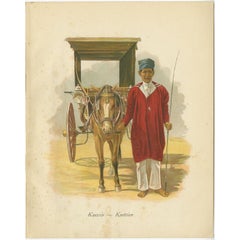 Antiker Druck des Indonesischen Kutschenmannes mit Pferd und Auto, 1909