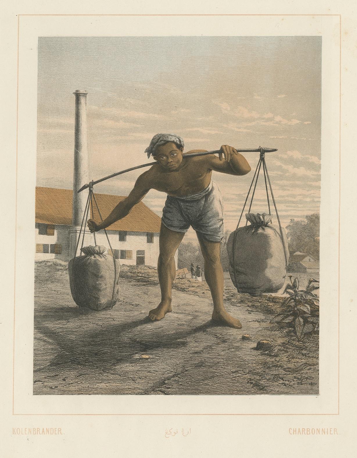Antique Print of an Indonesian Coal Miner by Van Pers, circa 1850 In Good Condition For Sale In Langweer, NL