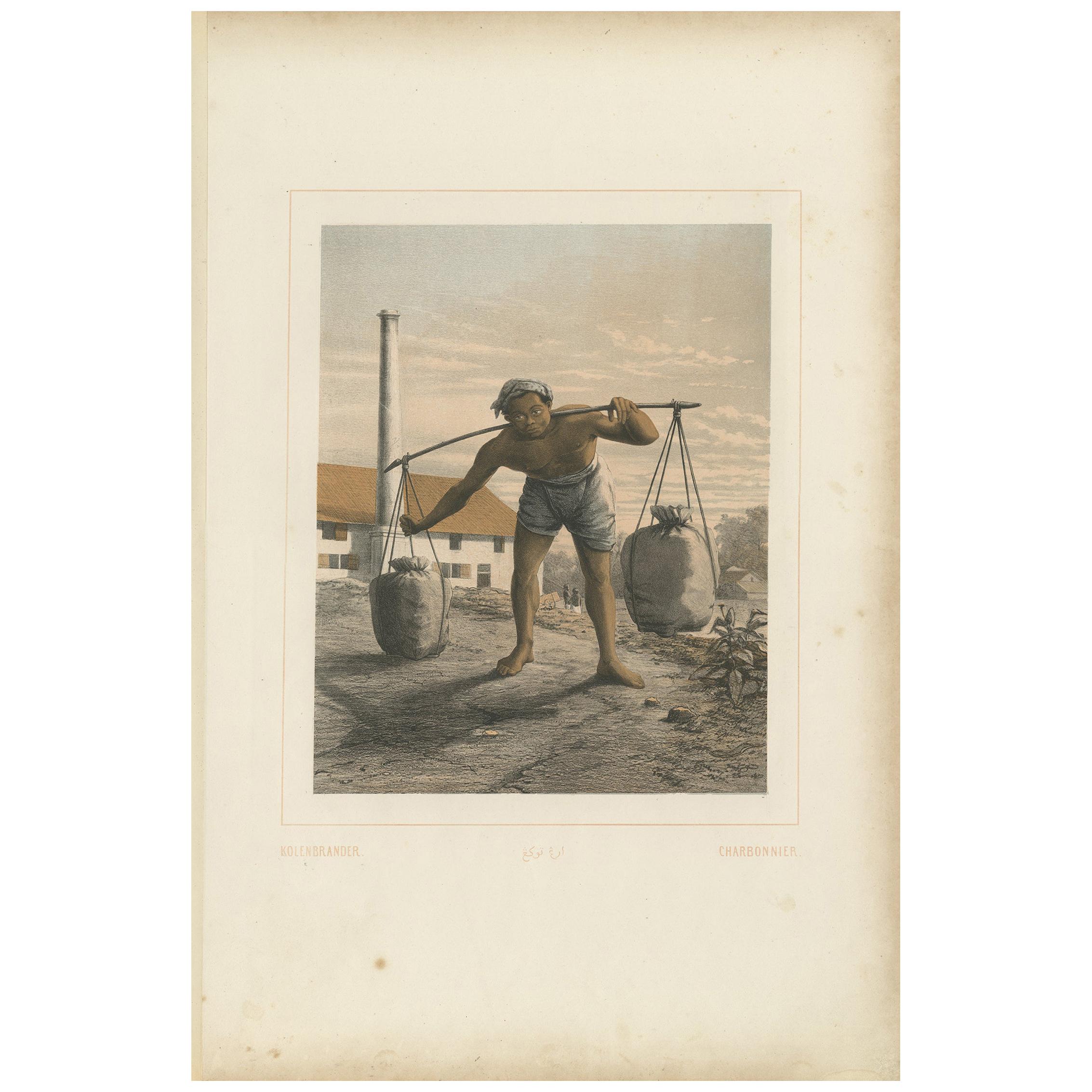Antique Print of an Indonesian Coal Miner by Van Pers, circa 1850 For Sale