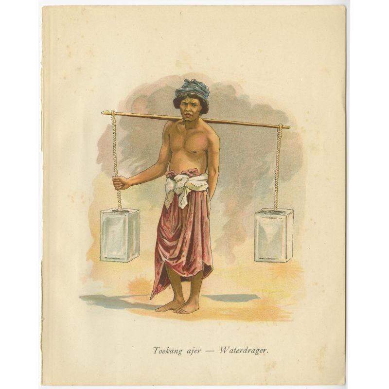 Antique Print of an Indonesian Man Carrying Water, 1909 For Sale