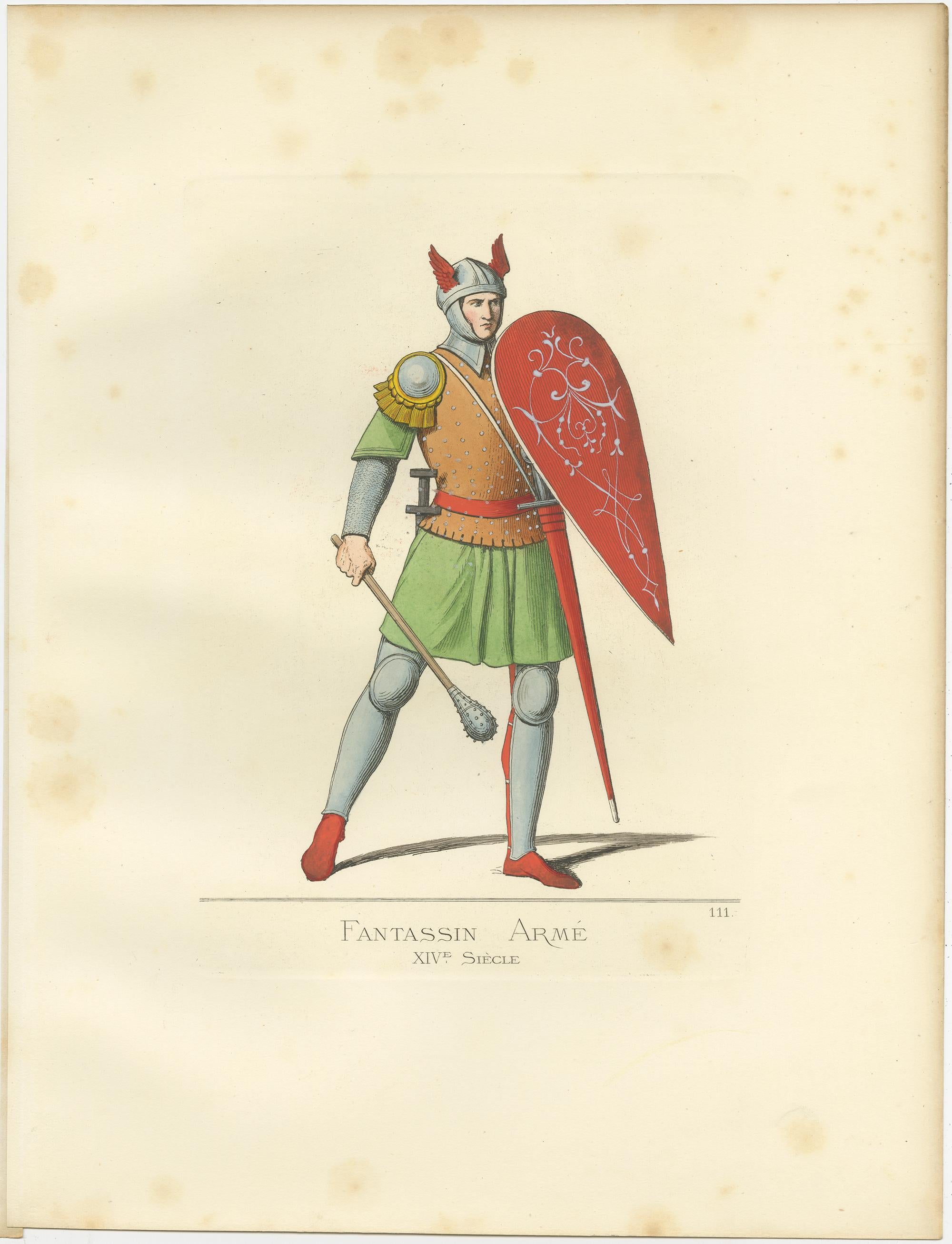 Grabado antiguo titulado 'Fantassin Arme, XIVe Siecle'. Grabado original antiguo de un soldado de infantería, Italia, siglo XIV. Este grabado procede de 