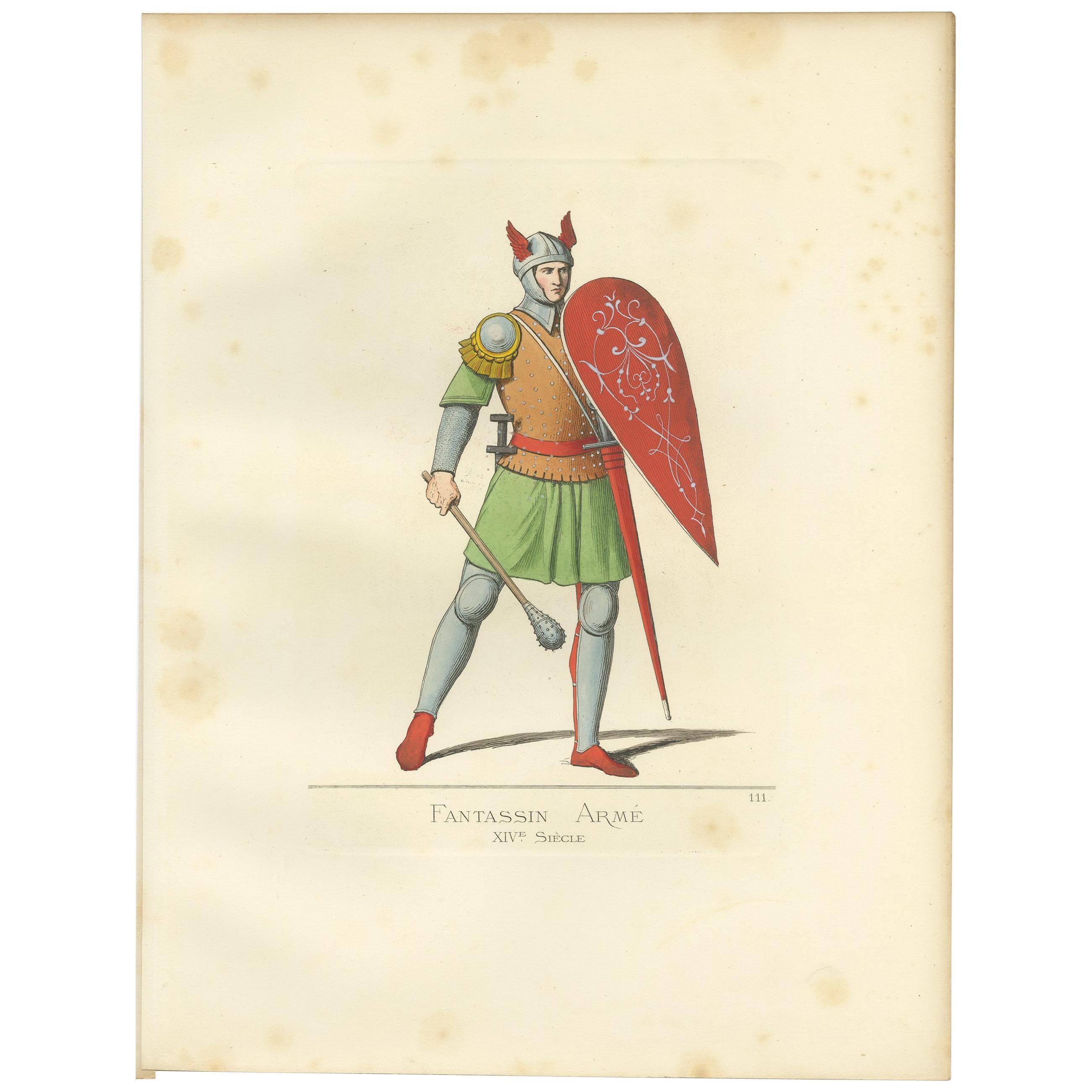 Antique Print of an Infantry Soldier, Italy, 14th Century, by Bonnard, 1860