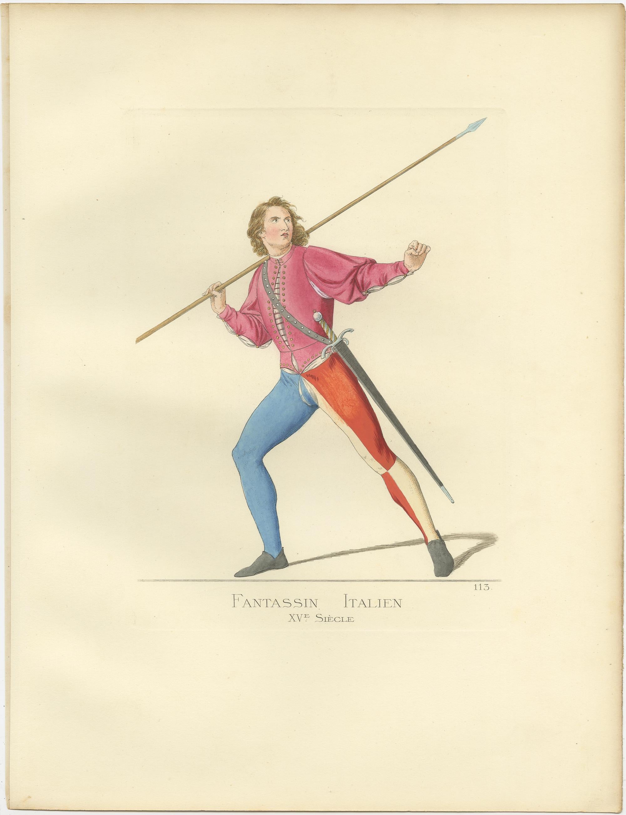 Antique print titled ‘Fantassin Italien, XVe Siecle.’ Original antique print of an infantry soldier, Italy, 15th century. This print originates from 'Costumes historiques de femmes du XIII, XIV et XV siècle' by C. Bonnard. Published, 1860.