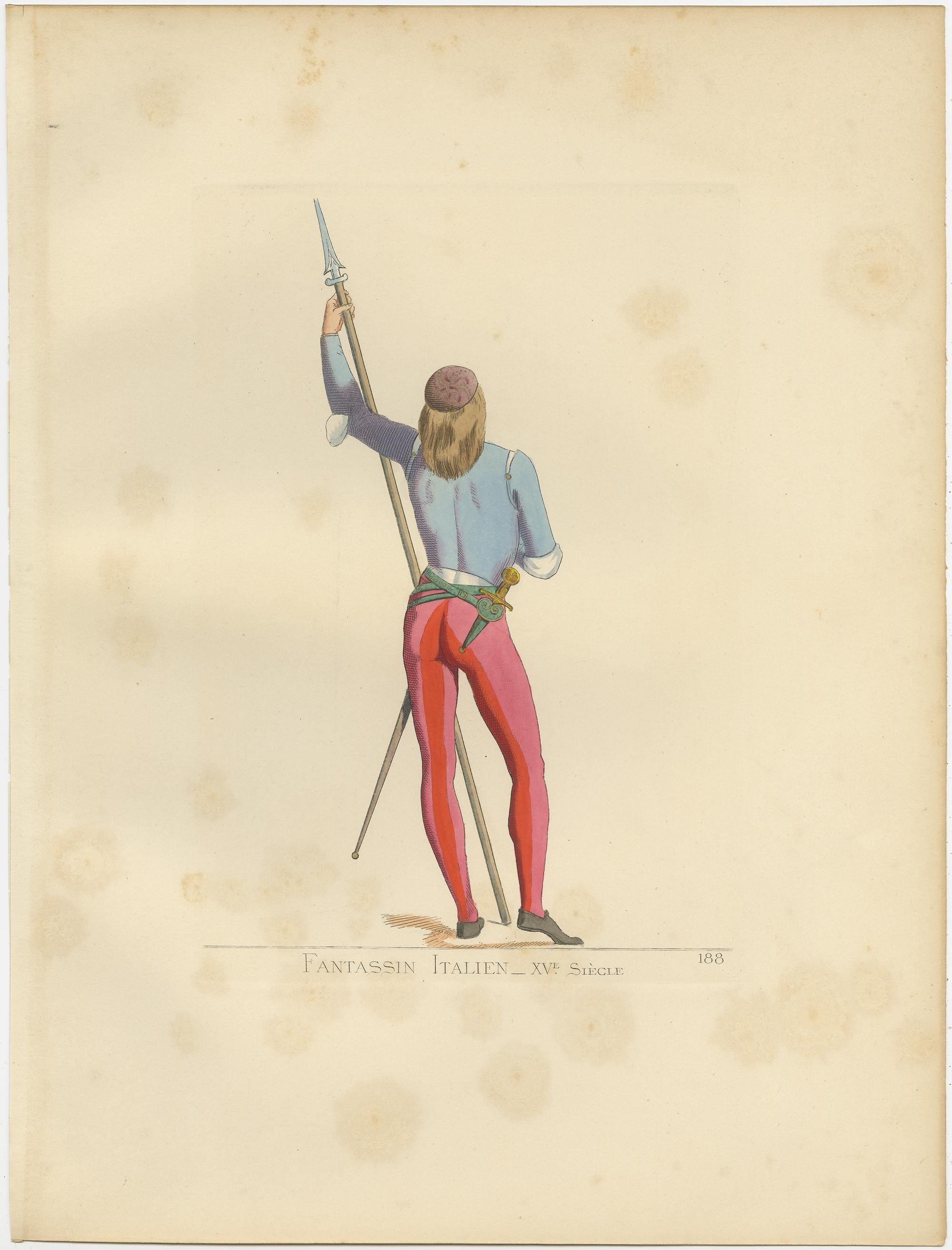 Antique print titled ‘Fantassin Italien, XVe Siecle.’ Original antique print of an infantry soldier, Italy, 15th century. This print originates from 'Costumes historiques de femmes du XIII, XIV et XV siècle' by C. Bonnard. Published, 1860.