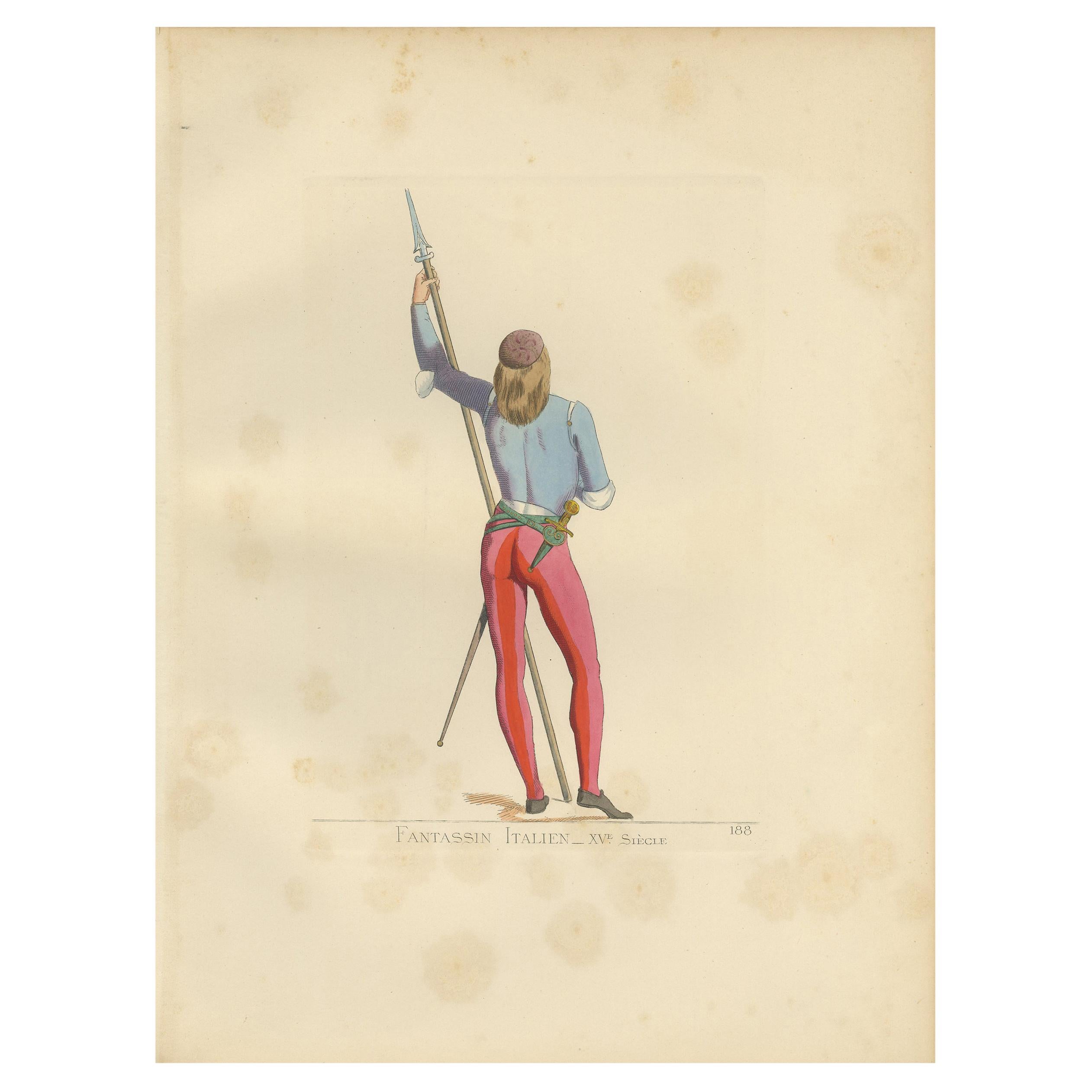 Antique Print of an Infantry Soldier, Italy, 15th Century, by Bonnard, 1860 For Sale