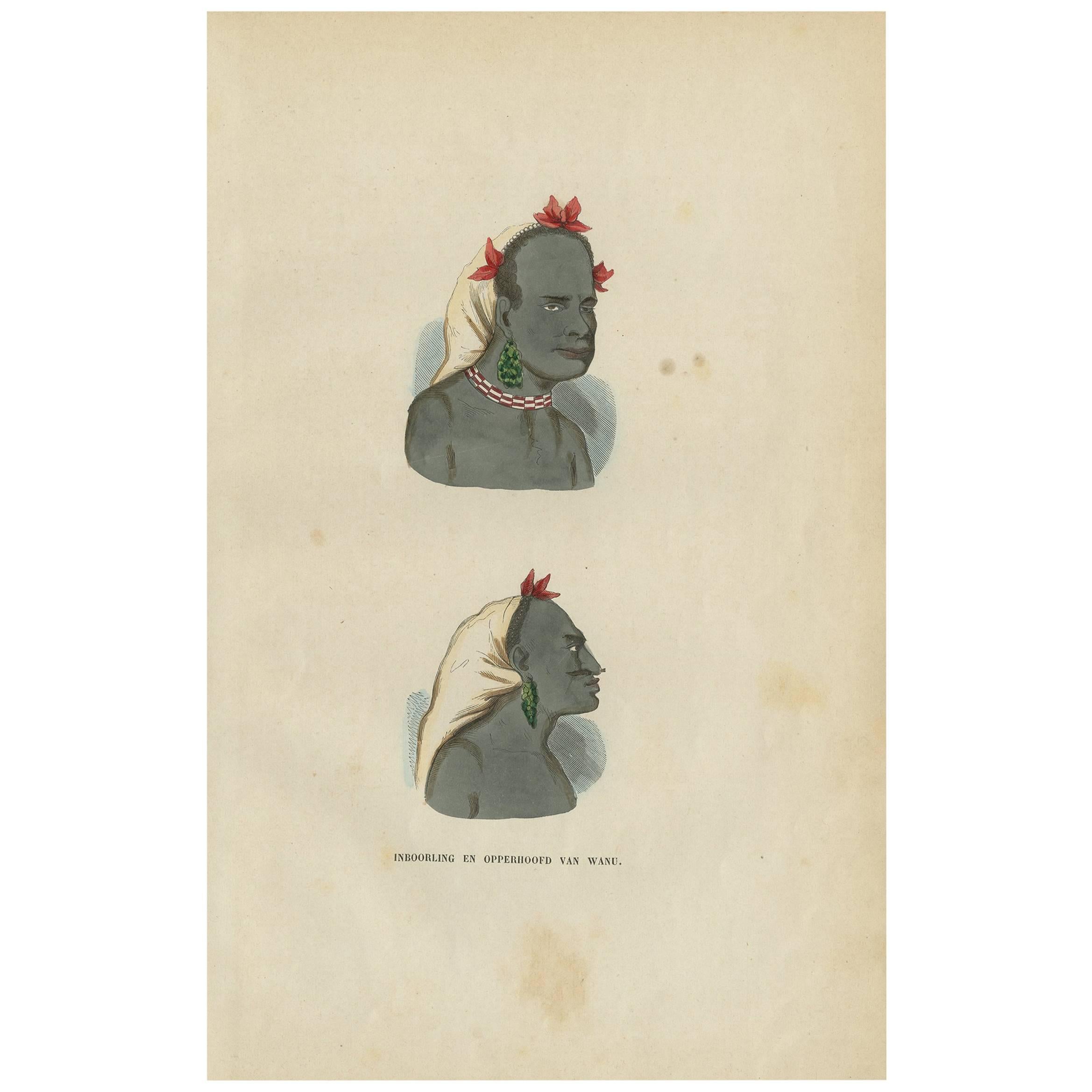 Antiker Druck eines Bewohners und Chefführers von Wanu von H. Berghaus, 1855