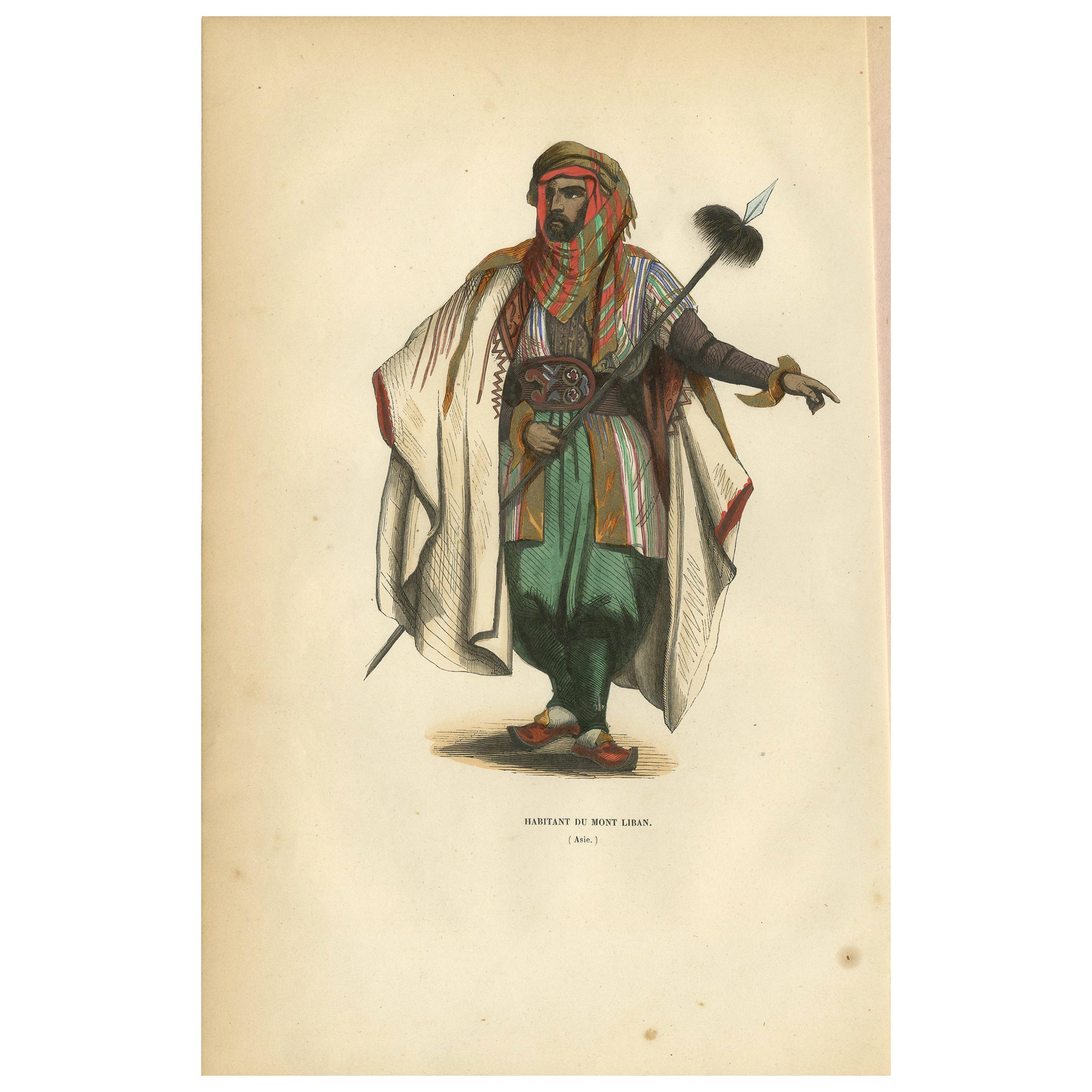 Antique Print of an Inhabitant of Mount Lebanon by Wahlen, 1843 For Sale