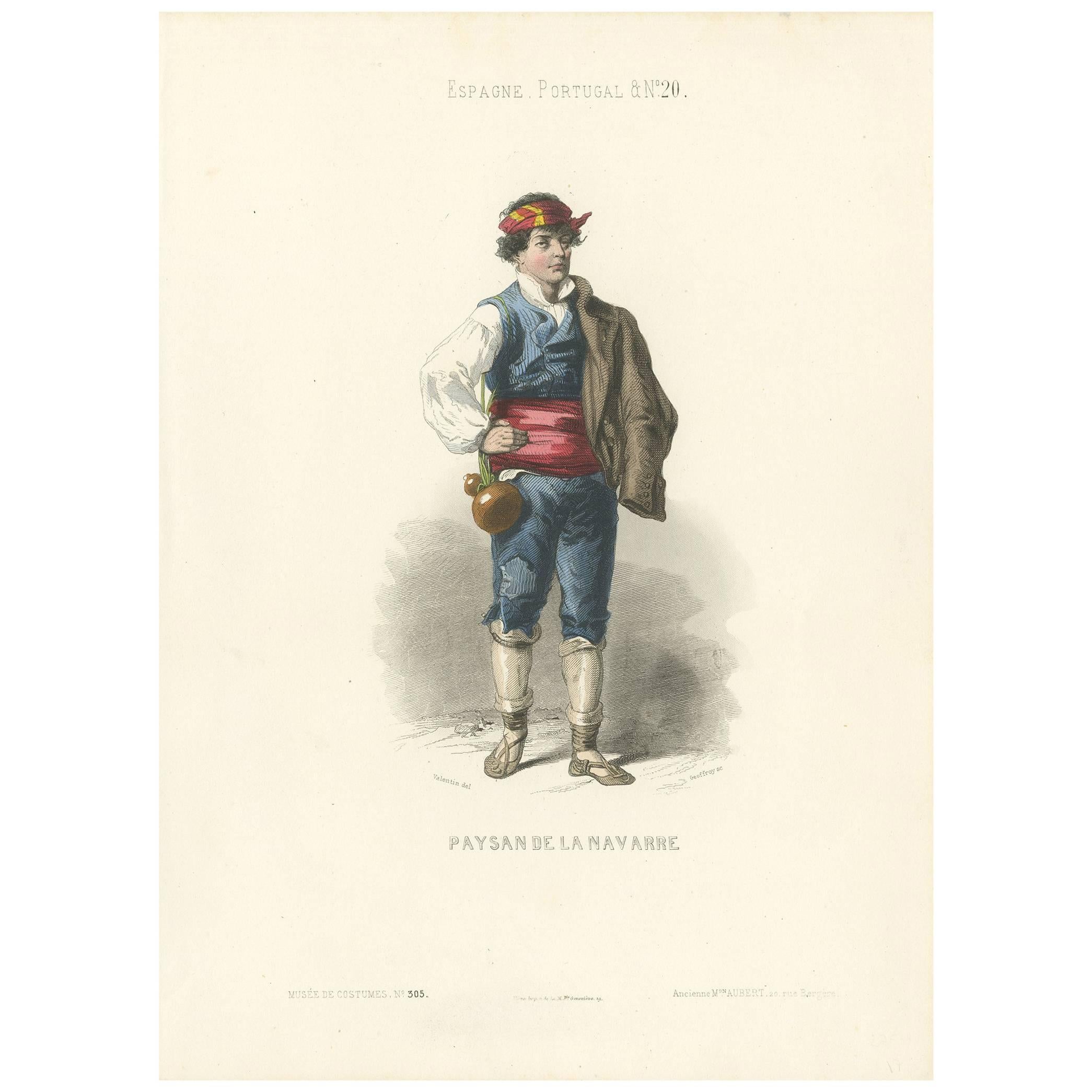 Antique Print of an Inhabitant of Navarre 'Spain' by Geoffrey, circa 1850 For Sale