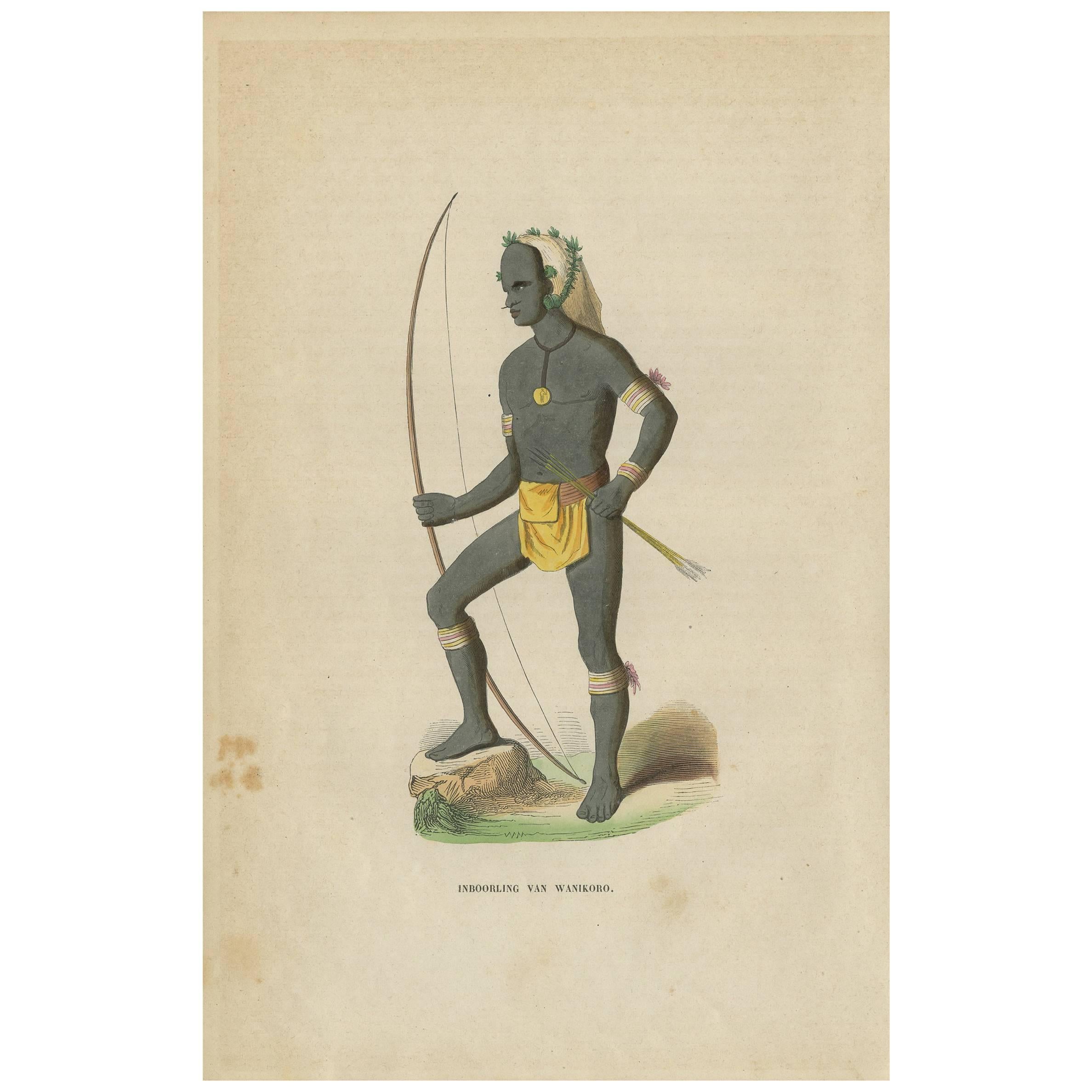Antiker Druck eines Bewohners von Vanikoro „Santa Cruz“ von H. Berghaus, 1855