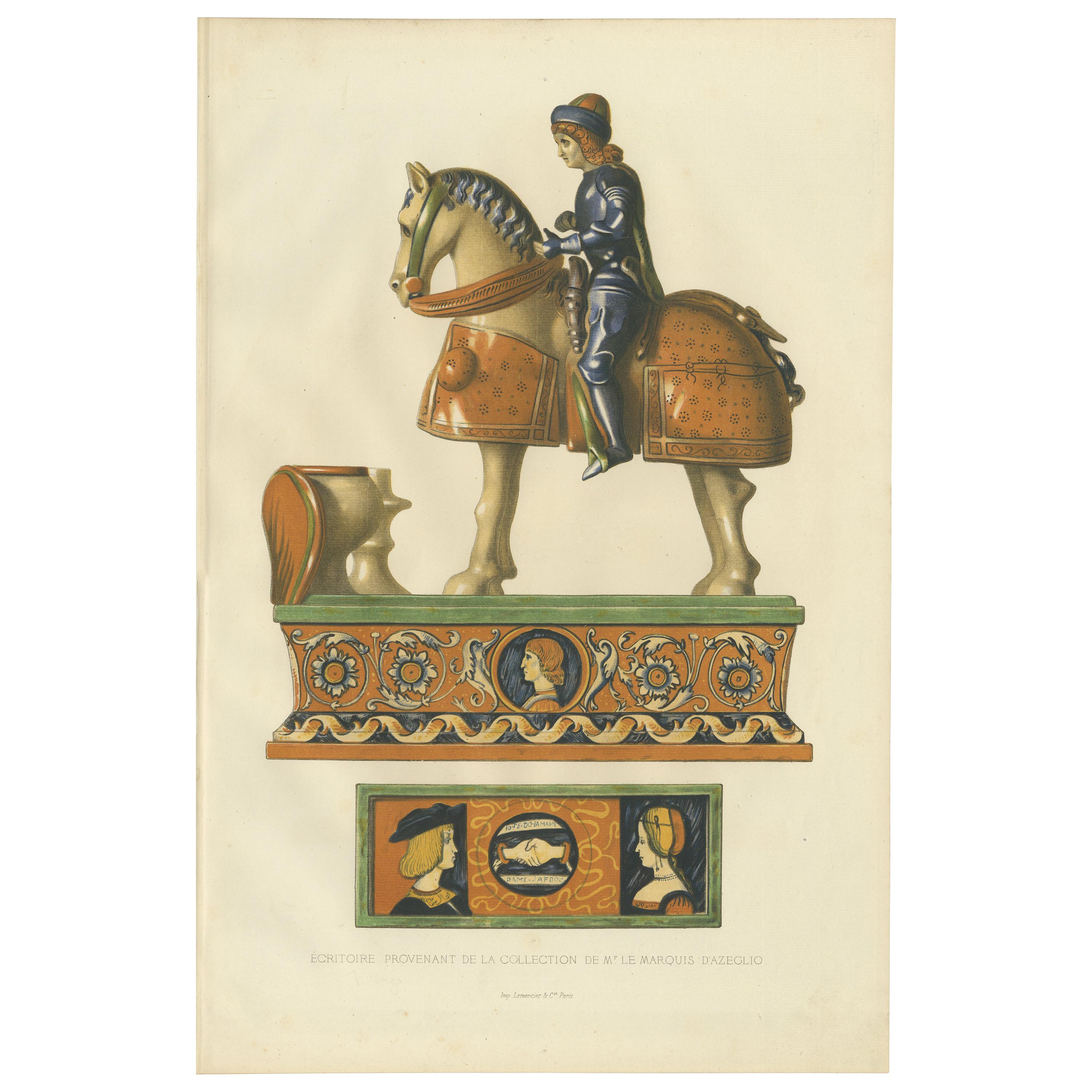 Grabado antiguo de un tintero decorado con figuras de Delange '1869 en venta