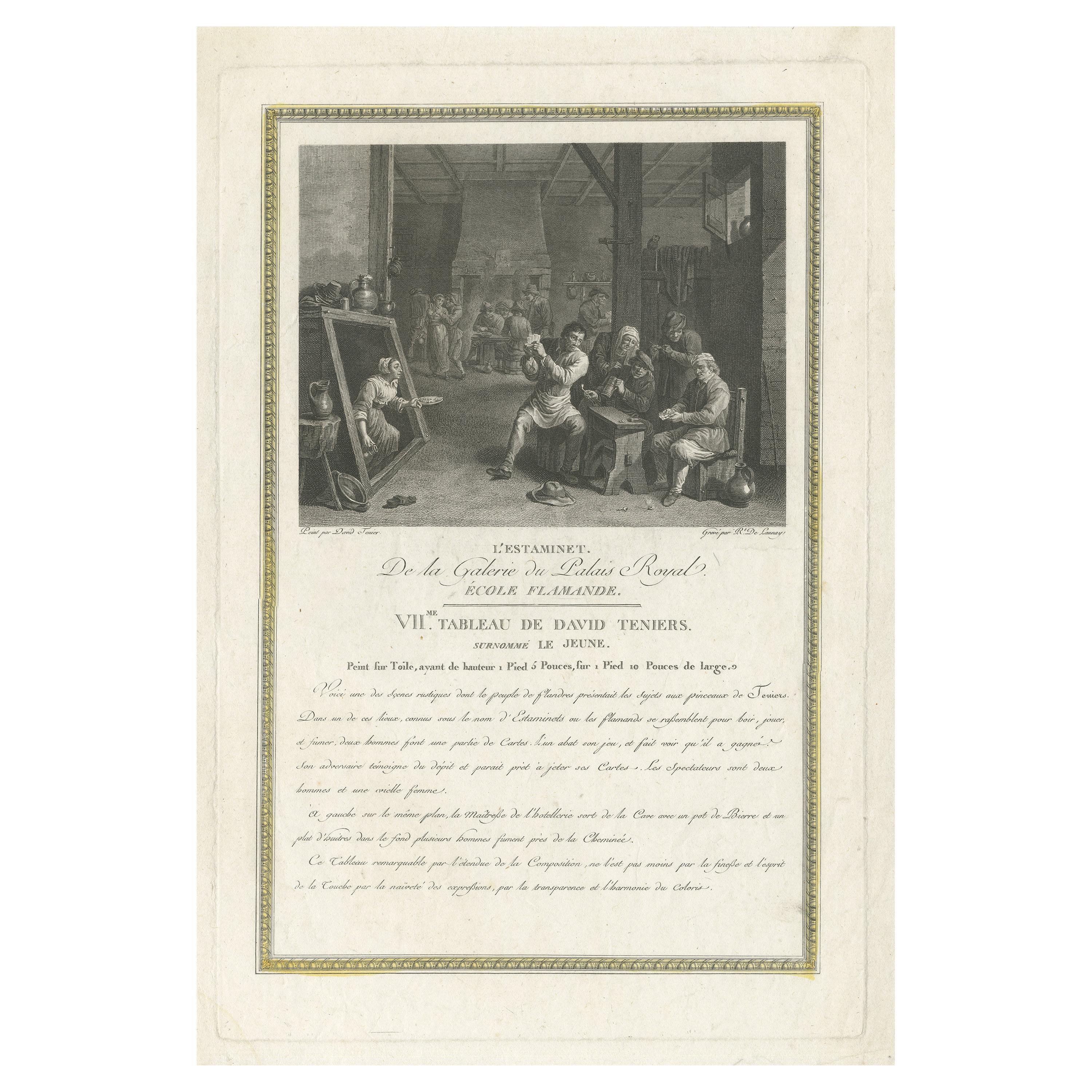 Antique Print of an Inn with Peasants Playing Cards by Launay 'c.1800'