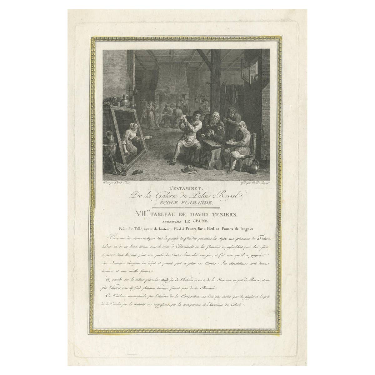 Antique Print of an Inn with Peasants Playing Cards by Launay 'c.1800'