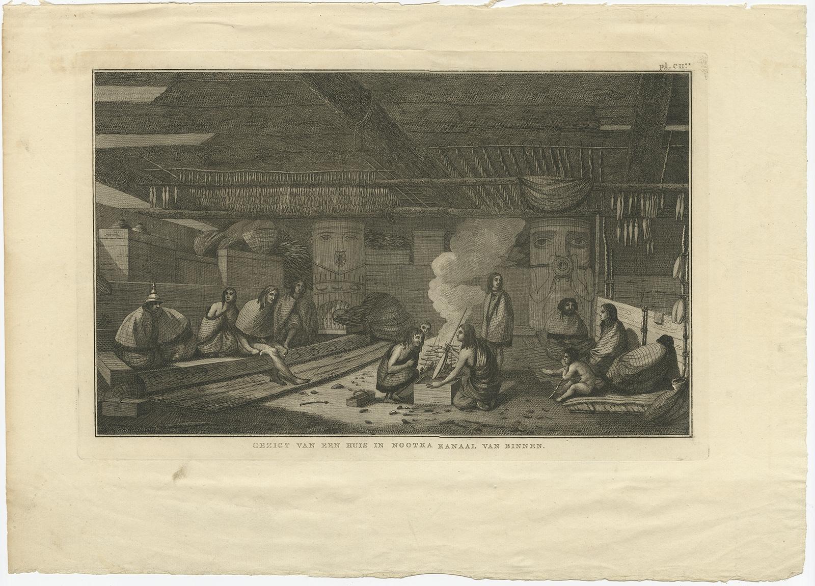 Description: Antique print titled 'Gezigt van een Huis in Nootka Kanaal van binnen'. 

Antique print depiciting a home interior in Nootka Channel, Canada. Originates from 'Reizen Rondom de Waereld door James Cook (..)'. 

Artists and Engravers: