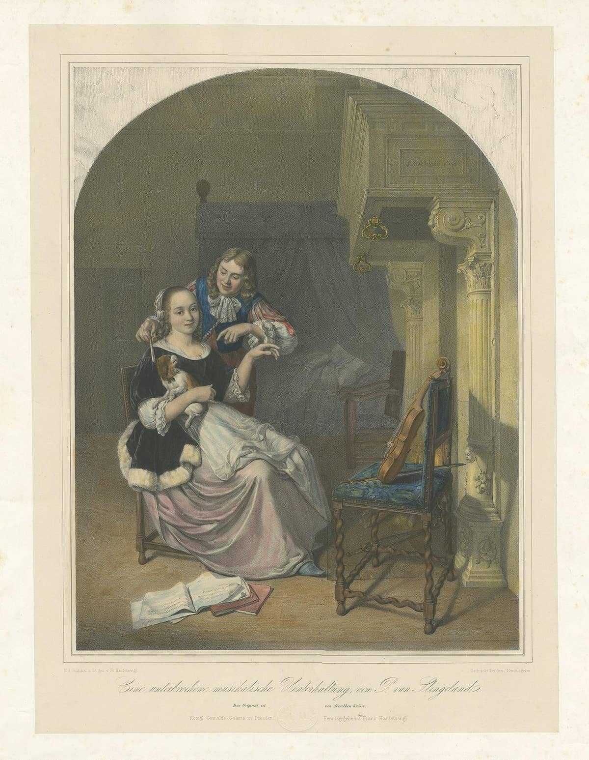 Antique Print of an Interrupted Music Lesson, circa 1840