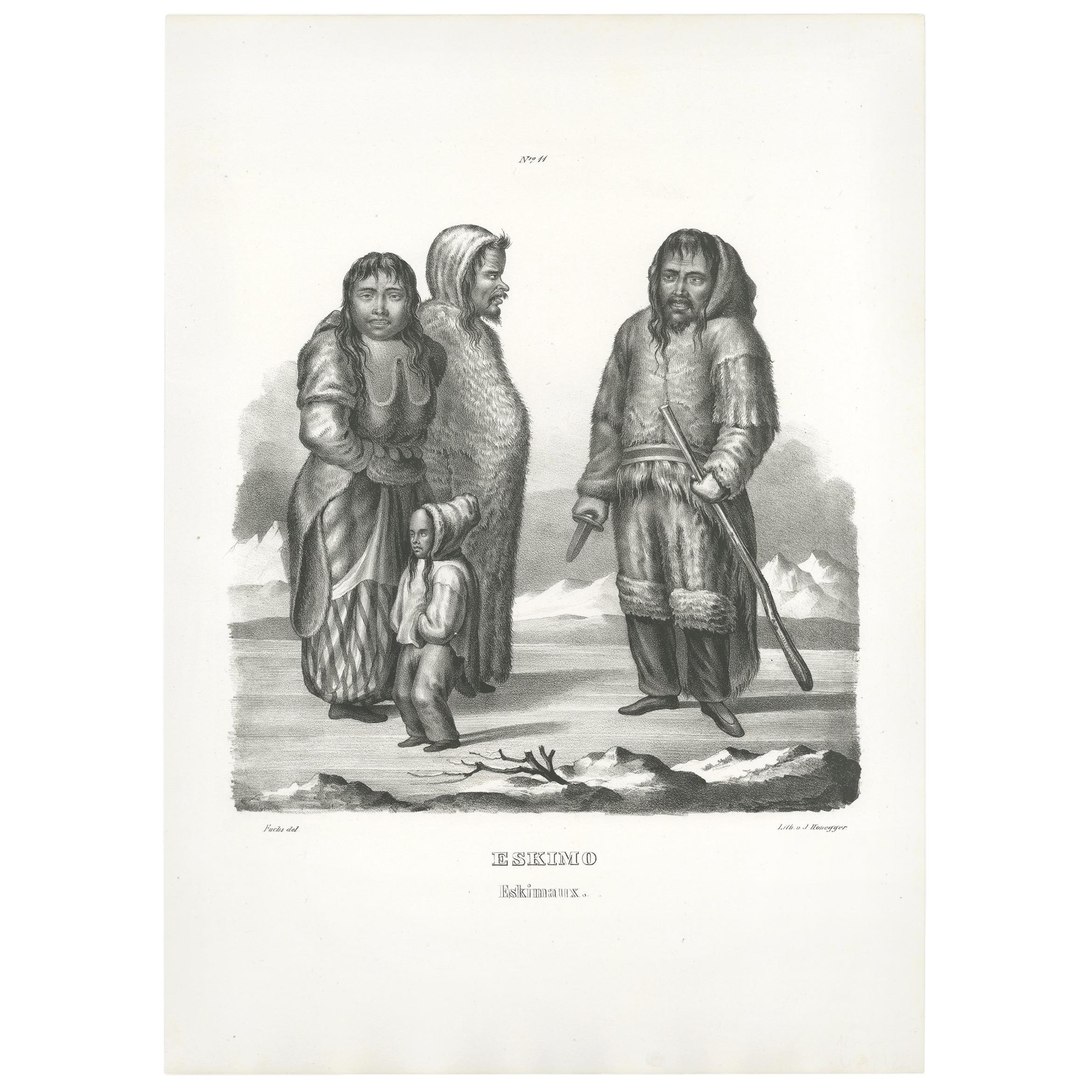 Antiker Druck einer Inuit-Familie von Honegger, 1845