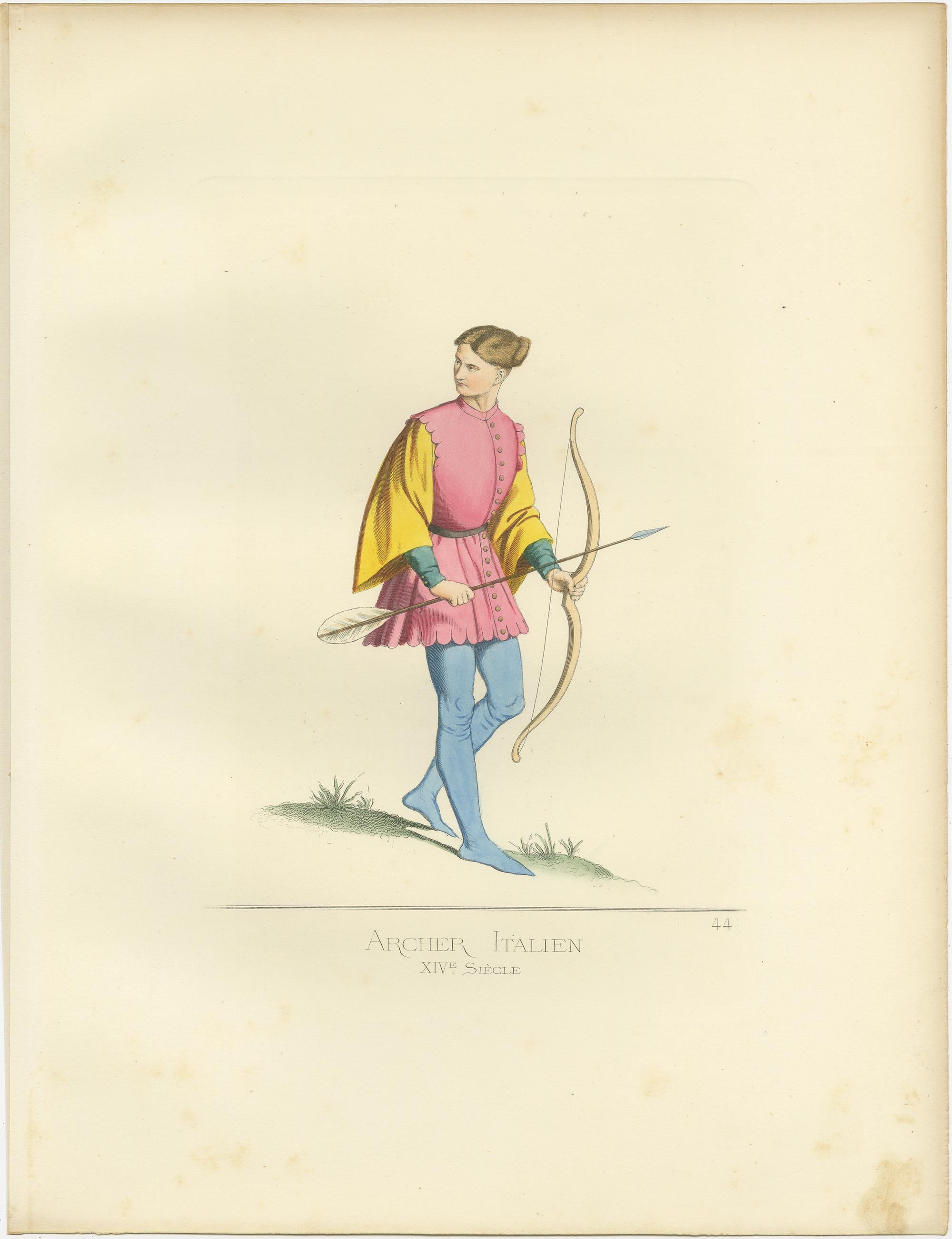 Antique print titled ‘Archer Italien, XIVe Siecle.’ Original antique print of an Italian Archer, 14th century. This print originates from 'Costumes historiques de femmes du XIII, XIV et XV siècle' by C. Bonnard. Published, 1860.