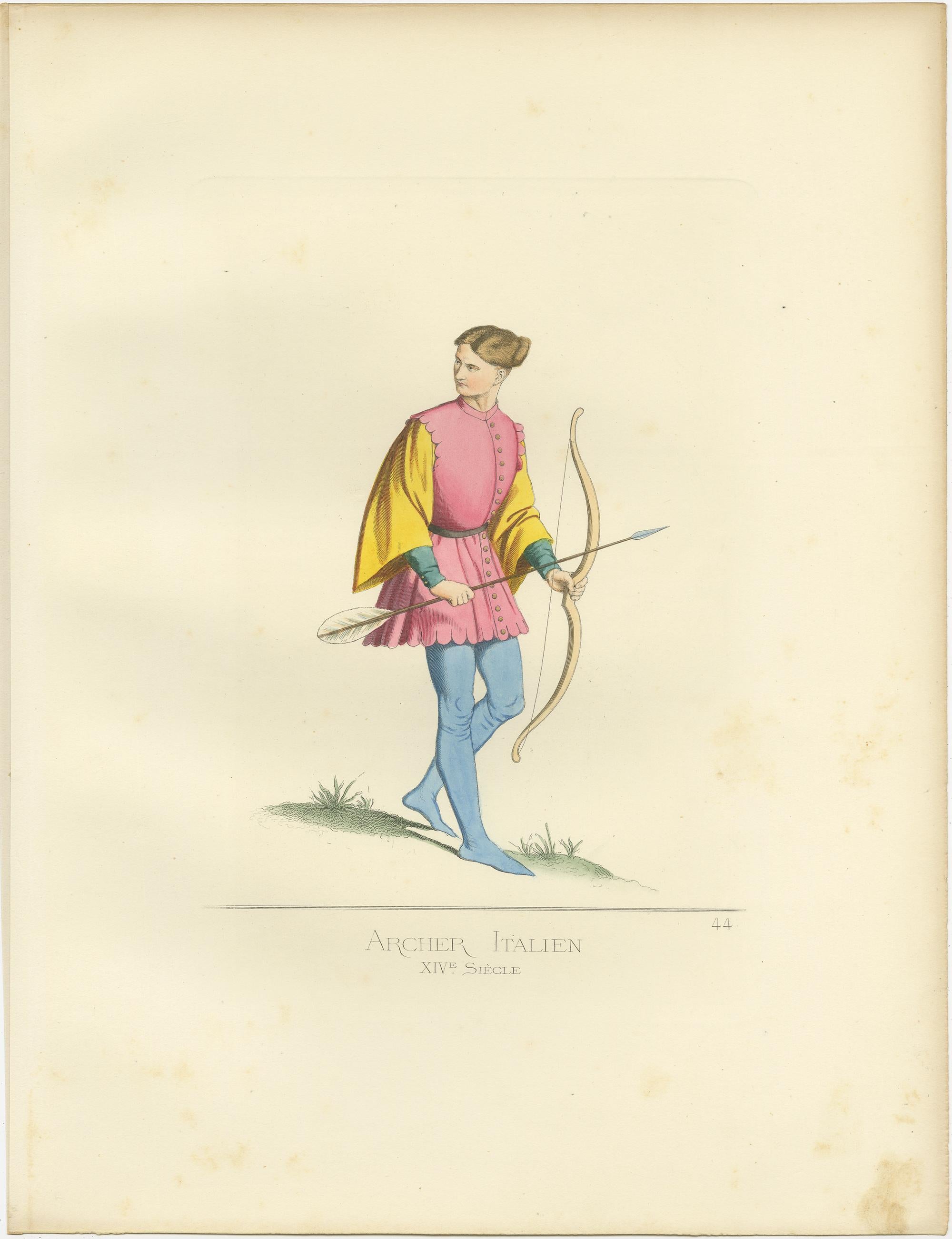 Antique Print of an Italian Archer, 14th Century, by Bonnard, 1860 In Good Condition For Sale In Langweer, NL
