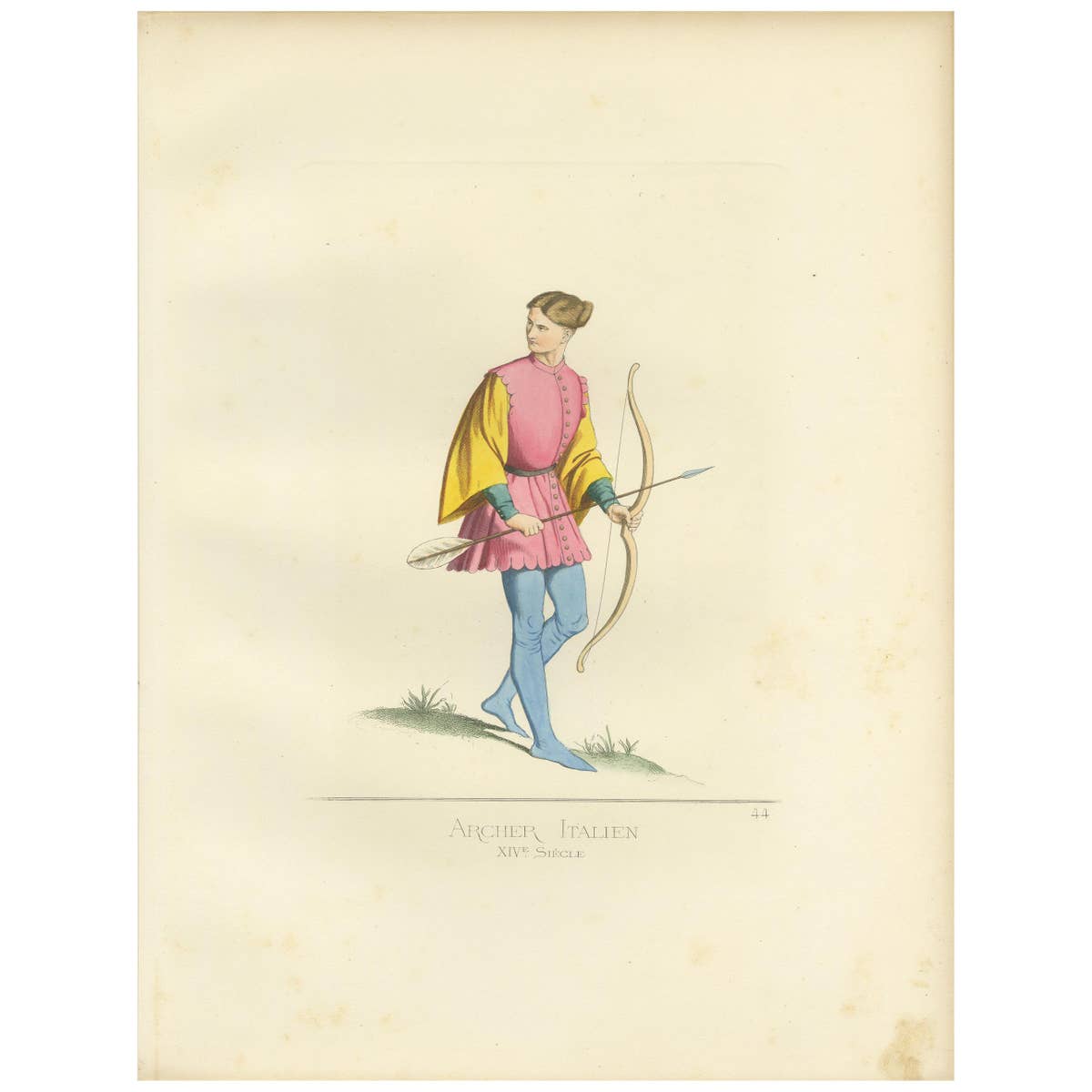 Antique Print of an Italian Archer, 14th Century, by Bonnard, 1860