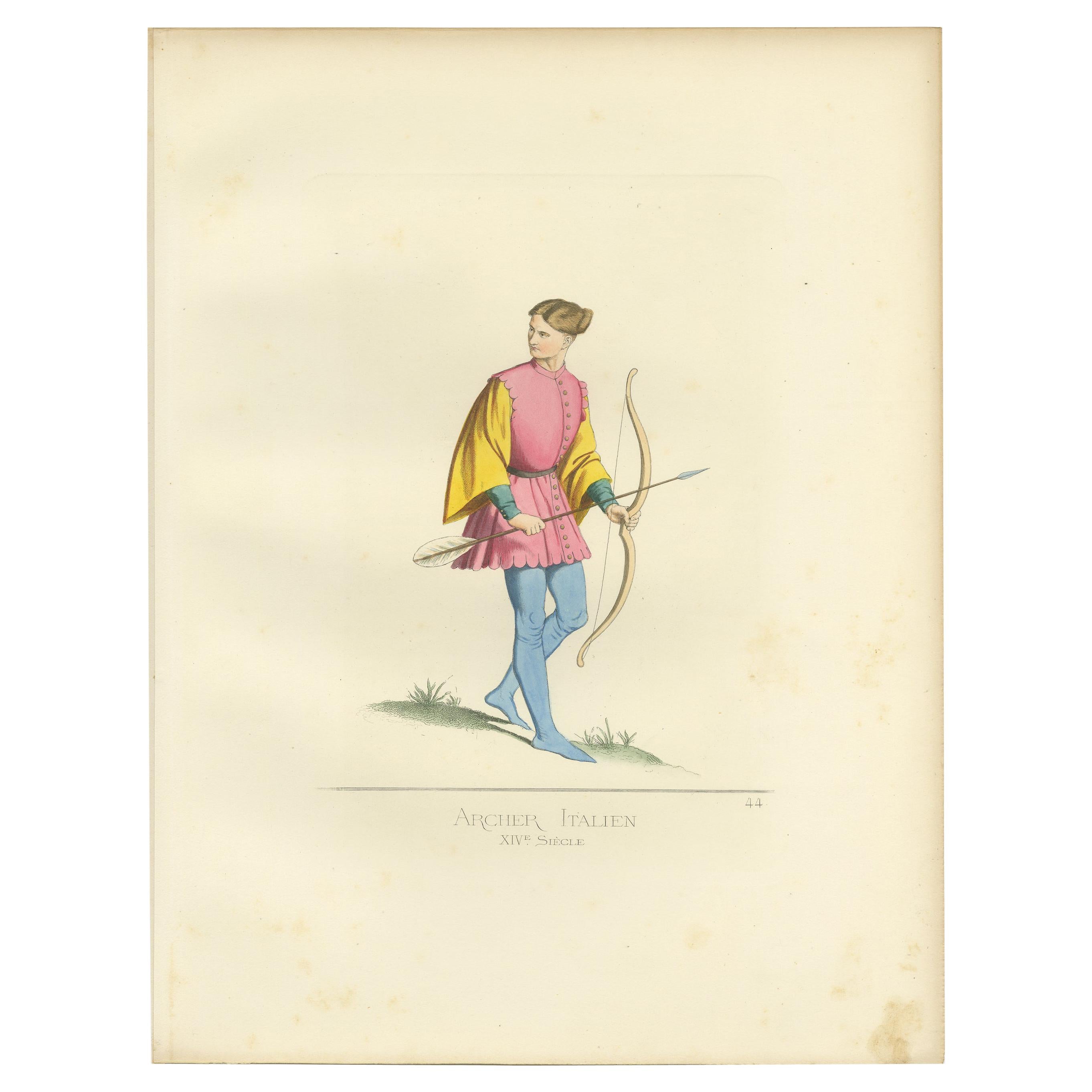 Antique Print of an Italian Archer, 14th Century, by Bonnard, 1860