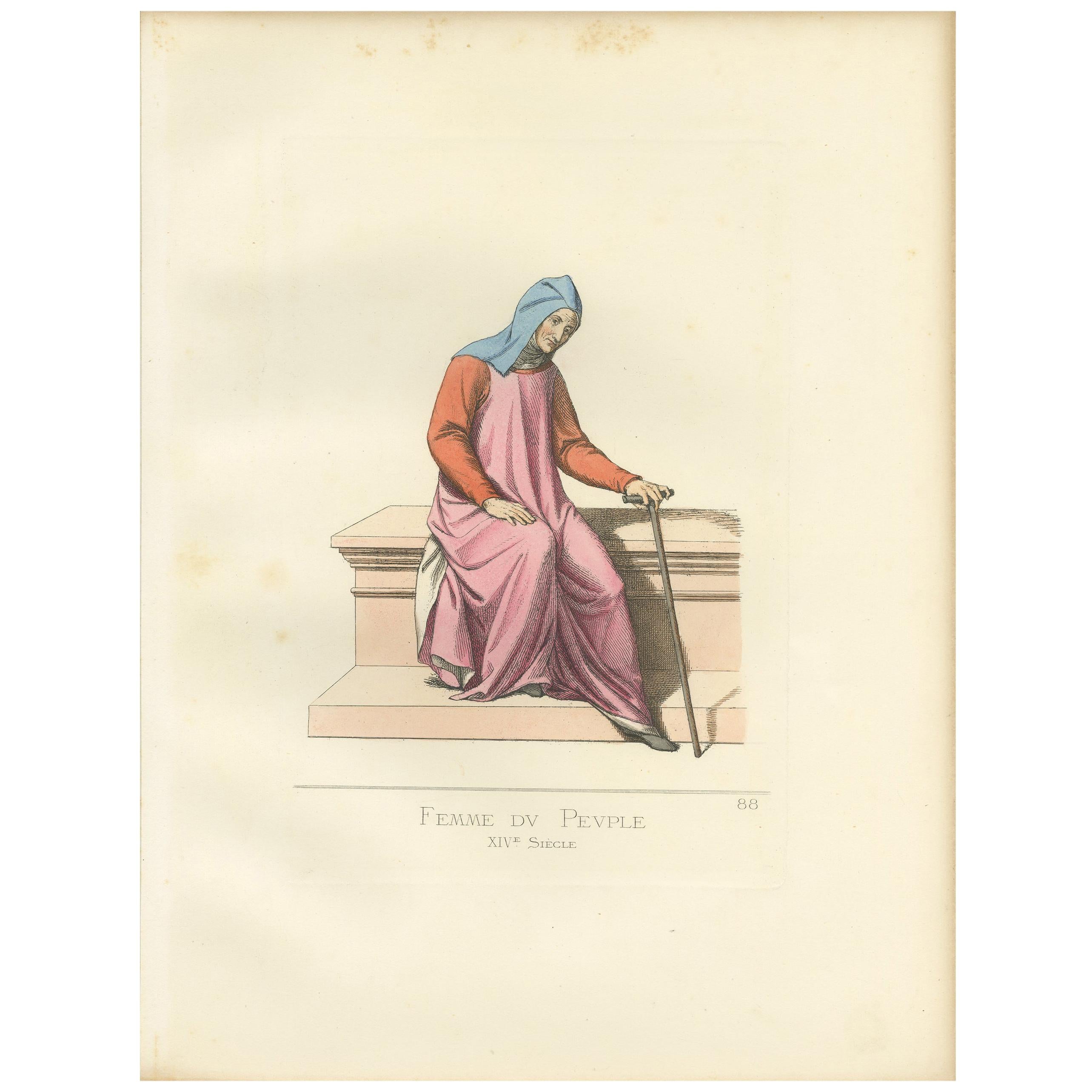 Antique Print of an Italian 'Common' Woman, 14th Century, by Bonnard, 1860 For Sale