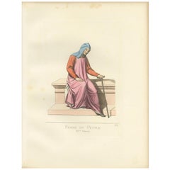 Antiker antiker Druck einer italienischen „gewöhnlichen“ Frau, 14. Jahrhundert, von Bonnard, 1860
