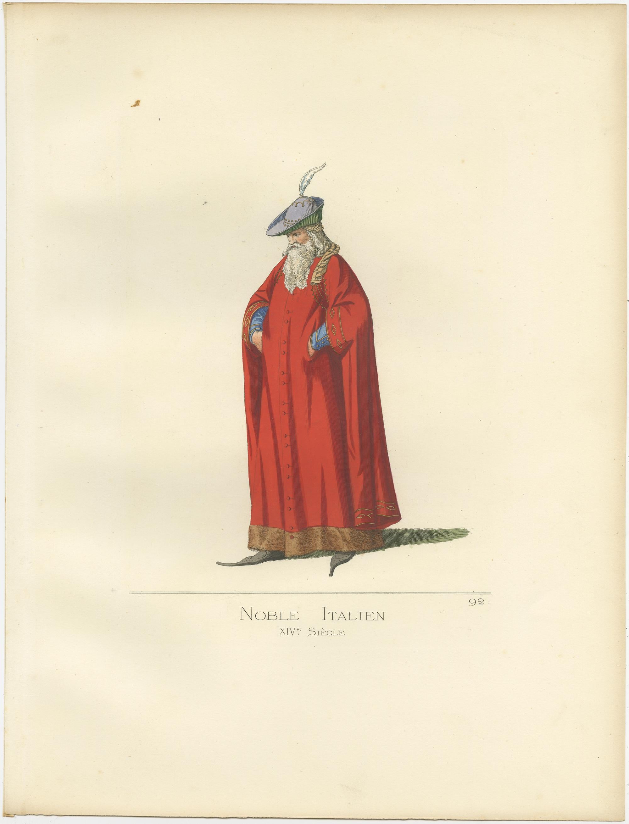 Antique print titled ‘Noble Italien, XIVe Siecle.’ Original antique print of an Italian Nobleman, 14th century. This print originates from 'Costumes historiques de femmes du XIII, XIV et XV siècle' by C. Bonnard. Published, 1860.