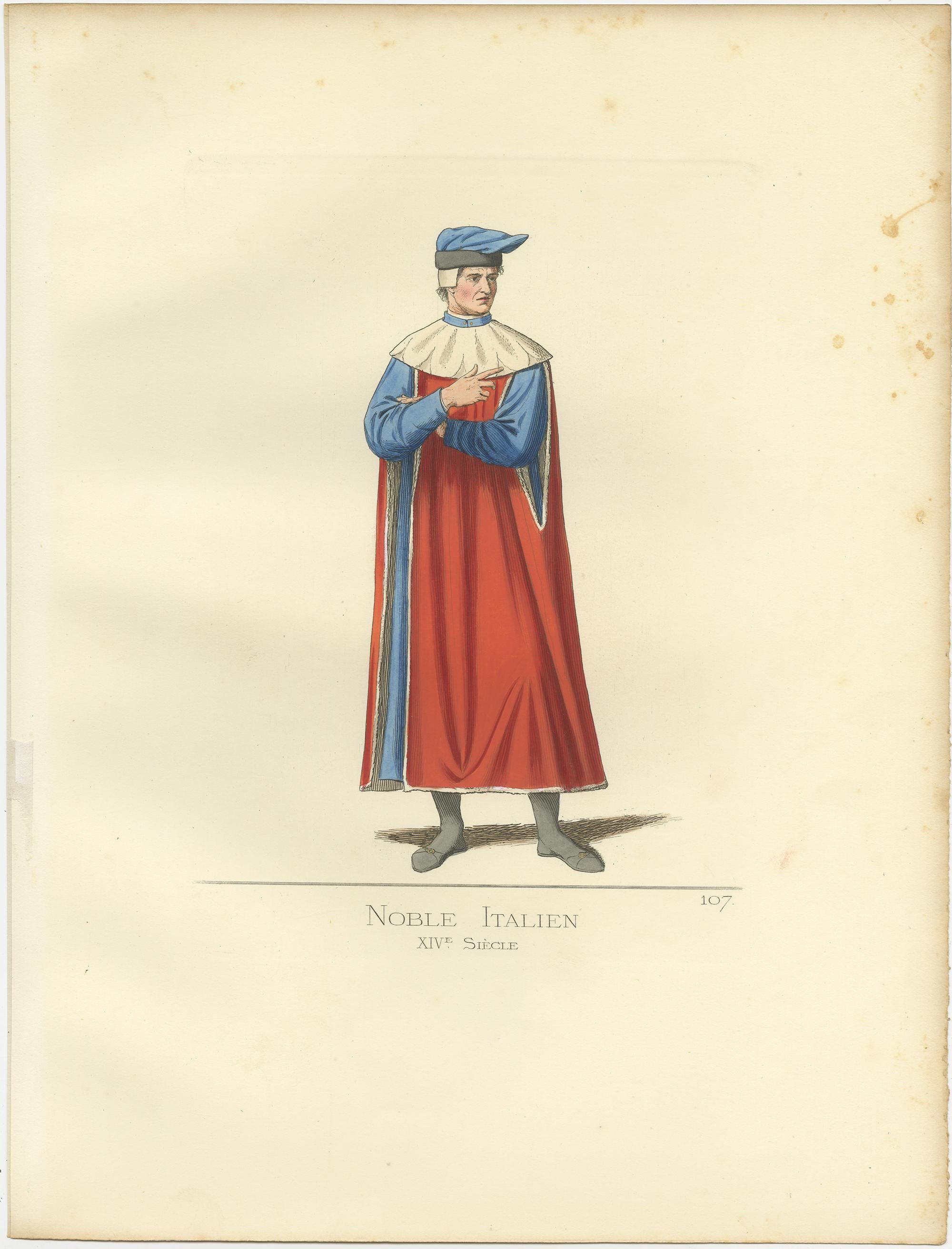 19th Century Antique Print of an Italian Nobleman, 14th Century, by Bonnard, 1860 For Sale