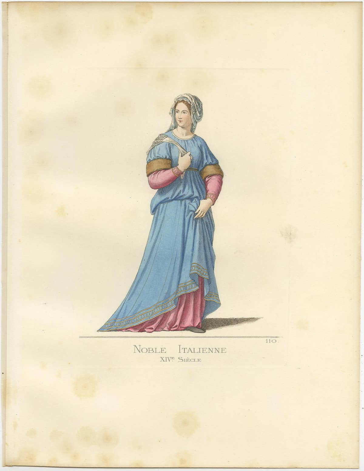 Antique Print of an Italian Noblewoman, 14th Century, by Bonnard, 1860