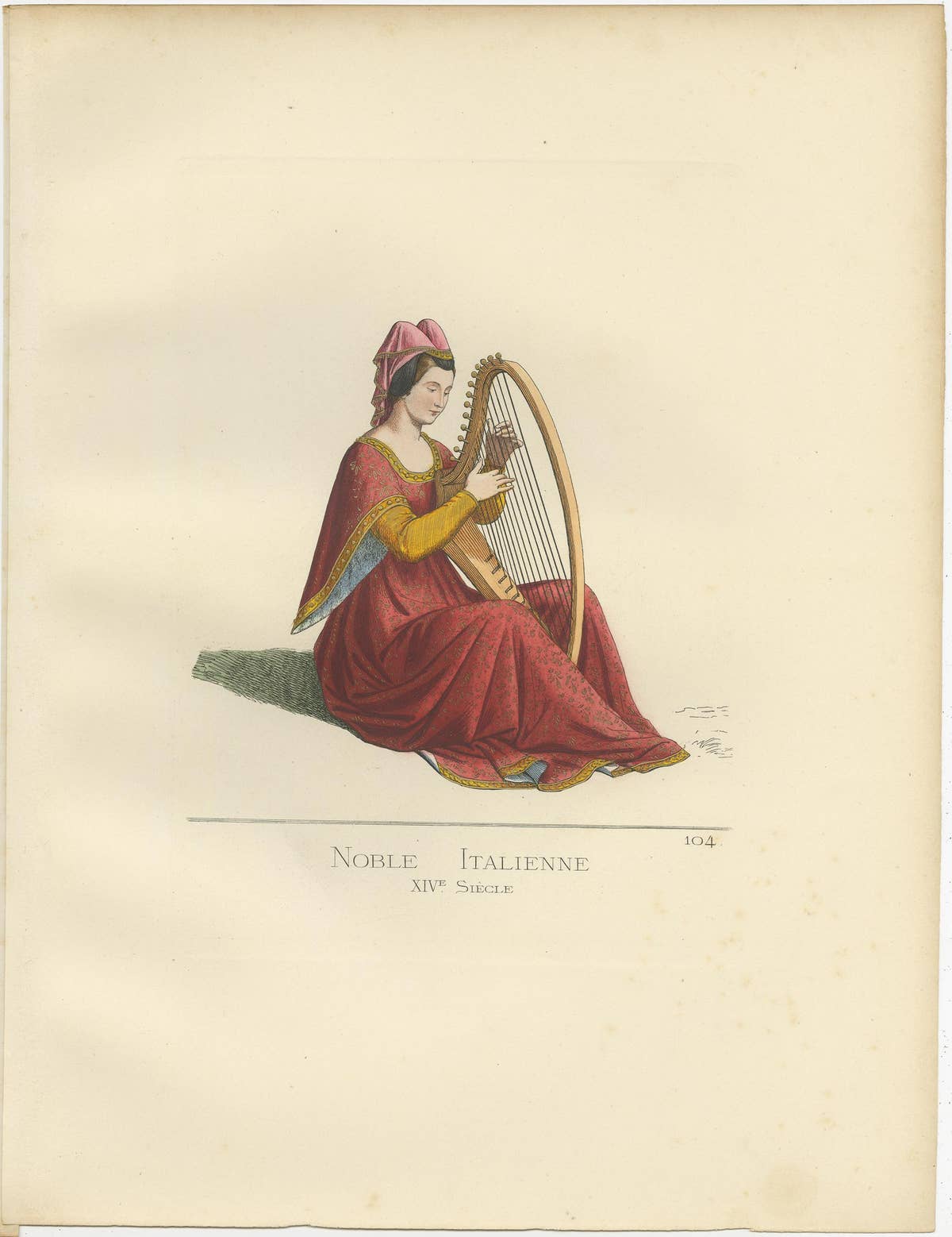 Antique Print of an Italian Noblewoman, 14th Century, by Bonnard, 1860