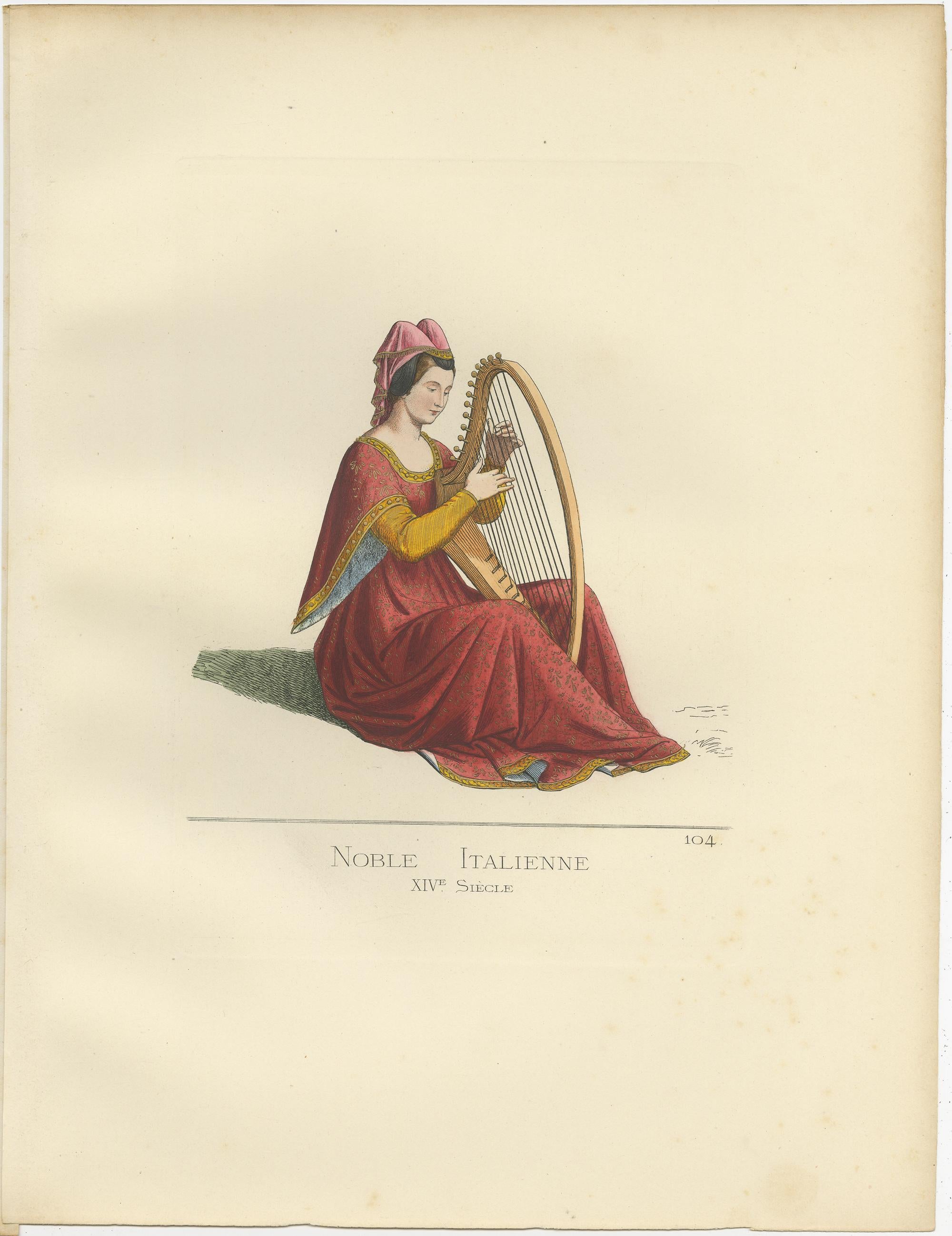 19th Century Antique Print of an Italian Noblewoman, 14th Century, by Bonnard, 1860 For Sale