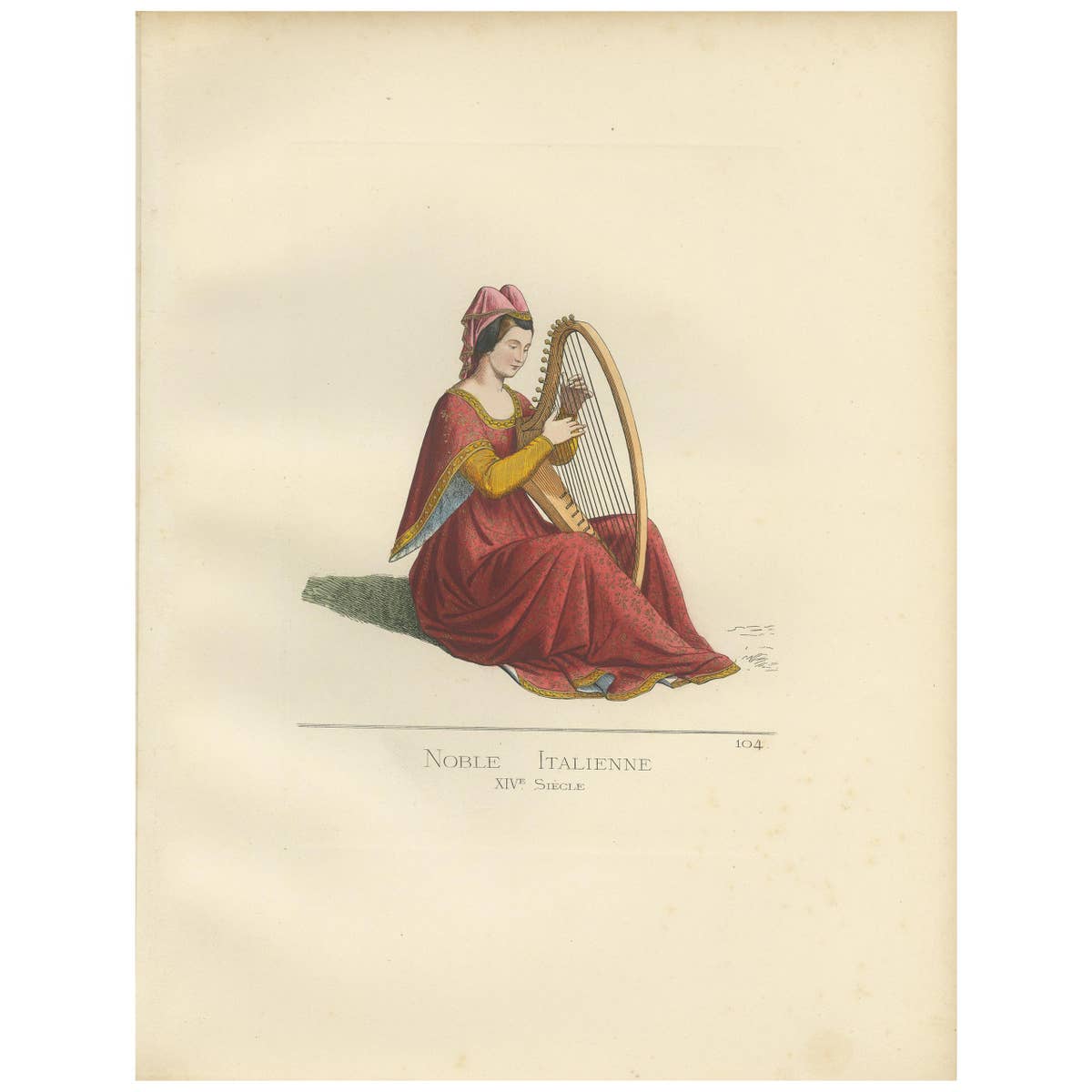 Antique Print of an Italian Noblewoman, 14th Century, by Bonnard, 1860