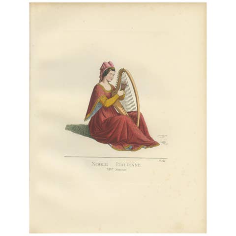 Antique Print of an Italian Noblewoman, 14th Century, by Bonnard, 1860
