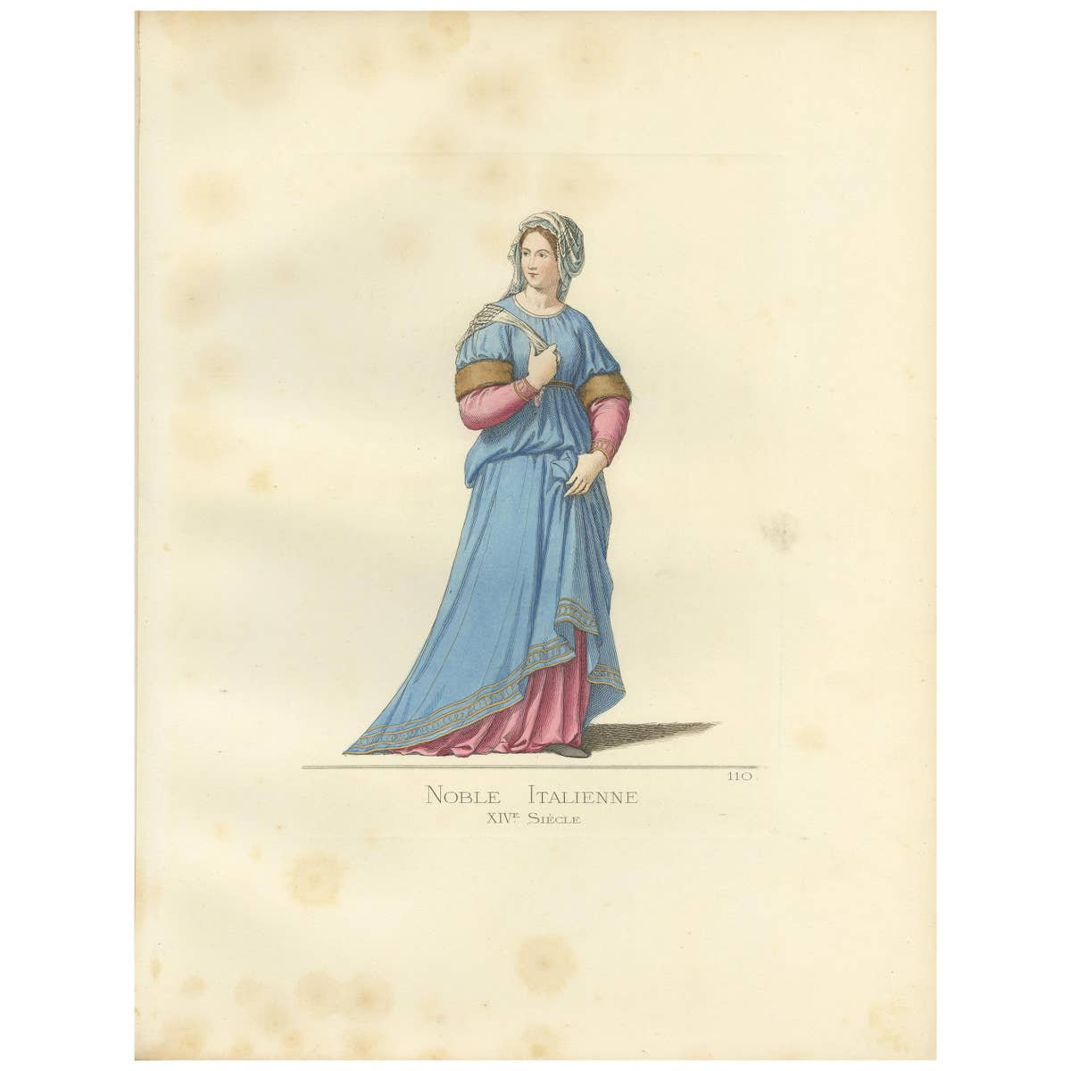 Antique Print of an Italian Noblewoman, 14th Century, by Bonnard, 1860