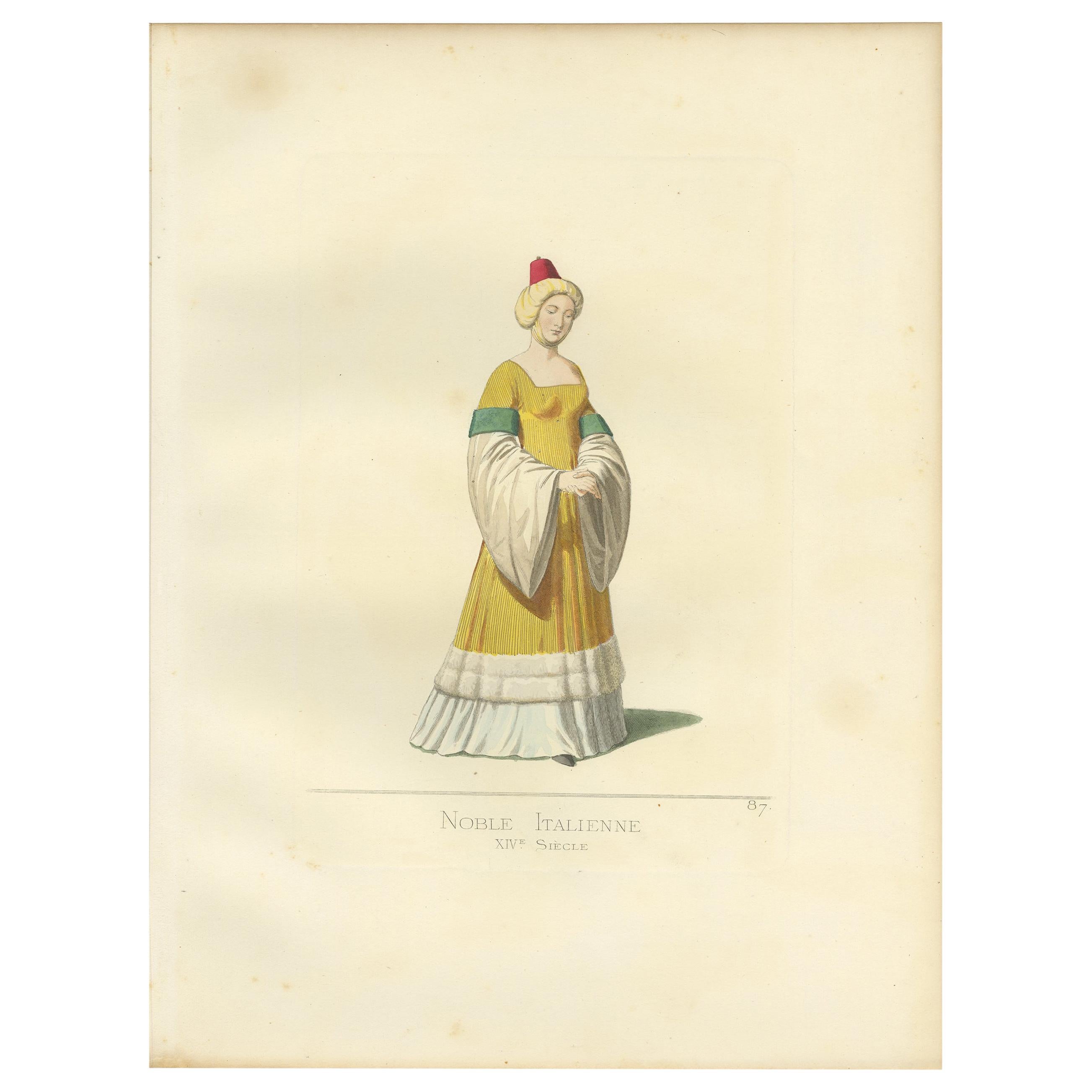 Antique Print of an Italian Noblewoman, 14th Century, by Bonnard, 1860 For Sale