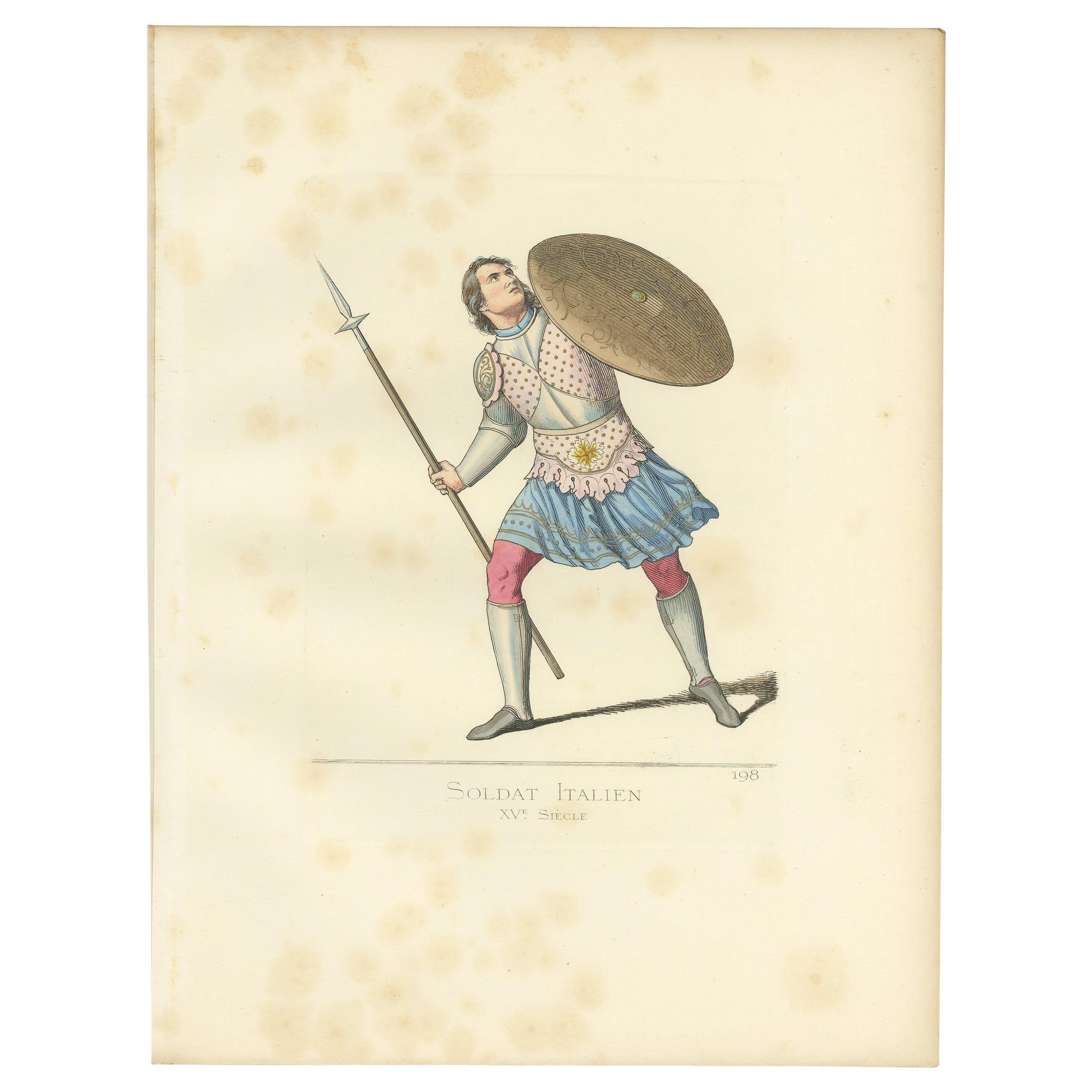 Antique Print of an Italian Soldier, 15th Century, by Bonnard, 1860 For Sale
